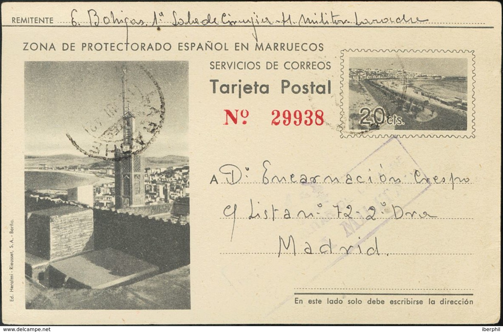 Sobre EP32. 1942. 20 Cts Gris Sobre Tarjeta Entero Postal De LARACHE A MADRID. MAGNIFICA. - Autres & Non Classés