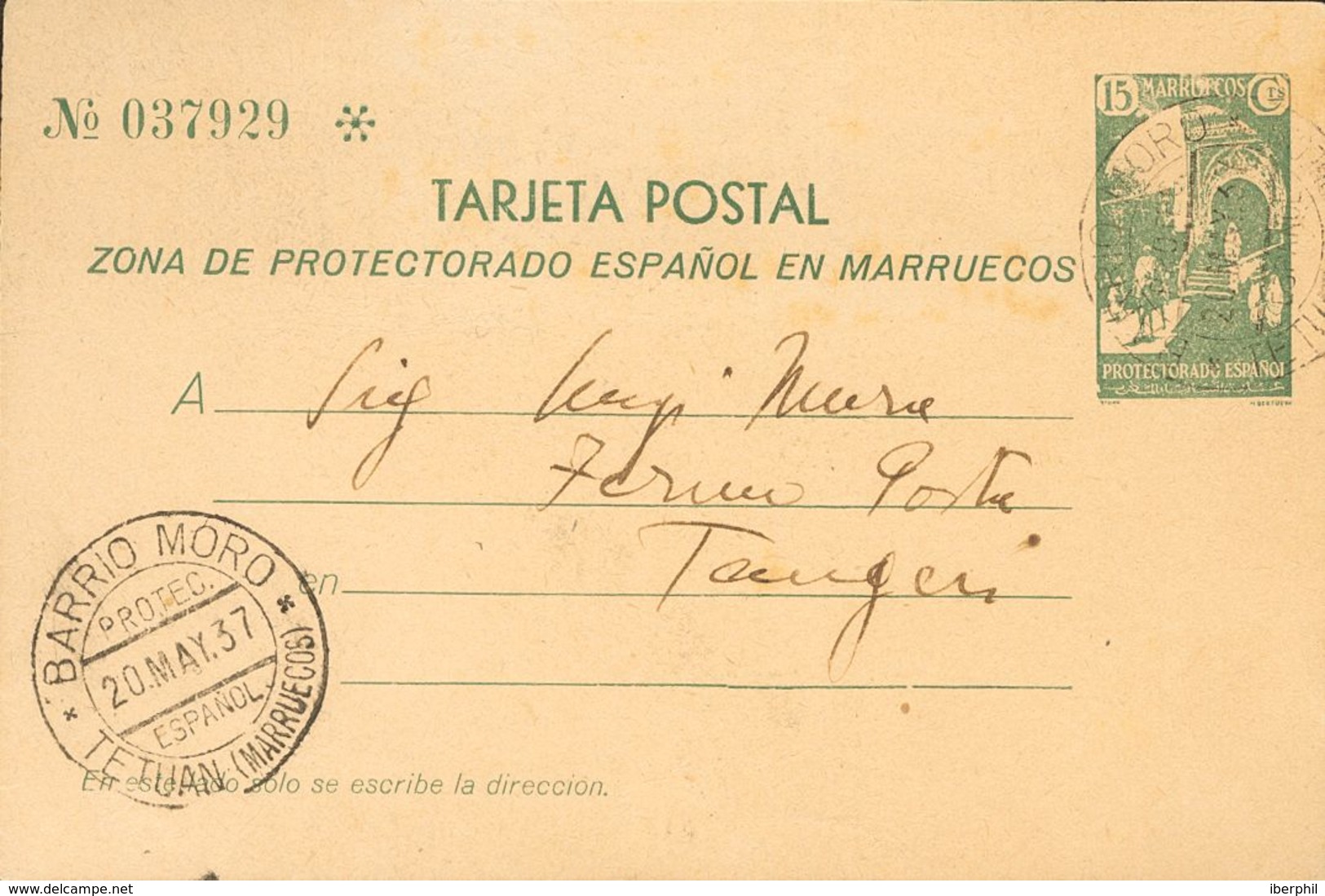 Sobre EP20. 1937. 15 Cts Verde Sobre Tarjeta Entero Postal De TETUAN A TANGER. MAGNIFICA Y RARO VERDADERAMENTE CIRCULADO - Other & Unclassified