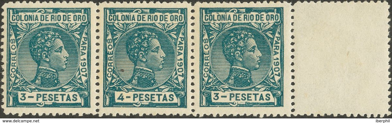 **30(2), 31ec. 1907. 3 Pts Verde, Dos Sellos Y 4 Pts Verde ERROR DE COLOR, Unidos En Una Tira De Tres. MAGNIFICA Y RARIS - Other & Unclassified