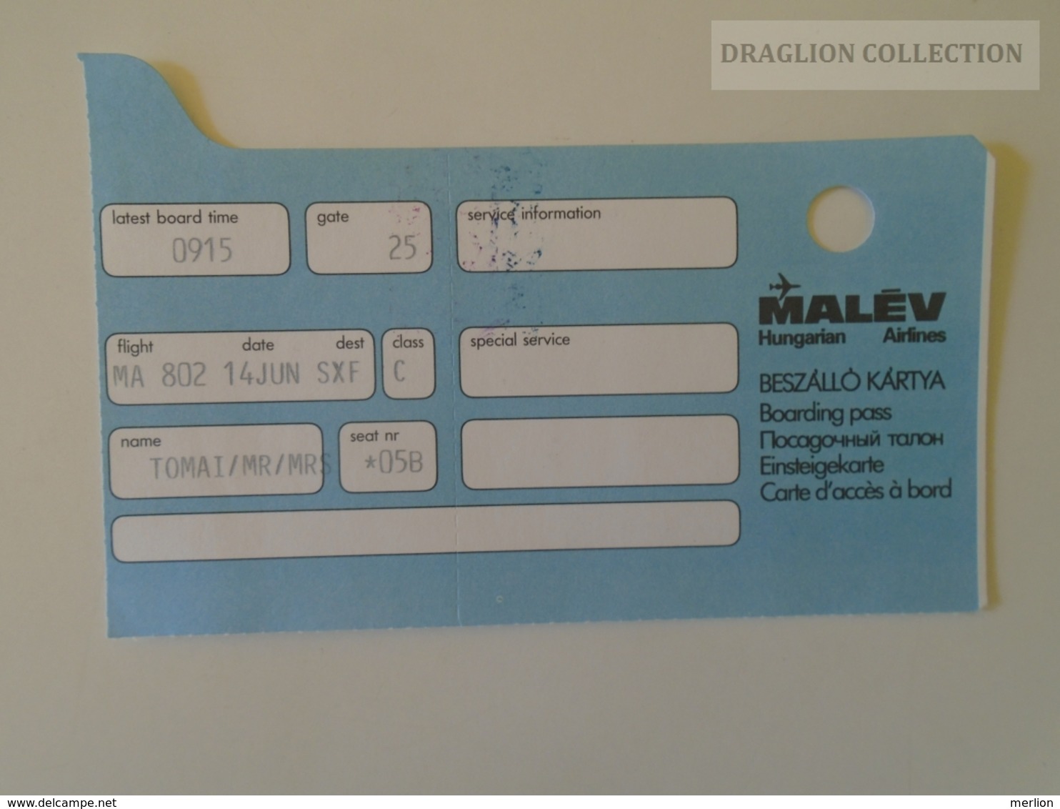 ZA140.13  Hungary MALÉV Hungarian  Airlines  Boarding Pass  Ca 1980's - Carte D'imbarco