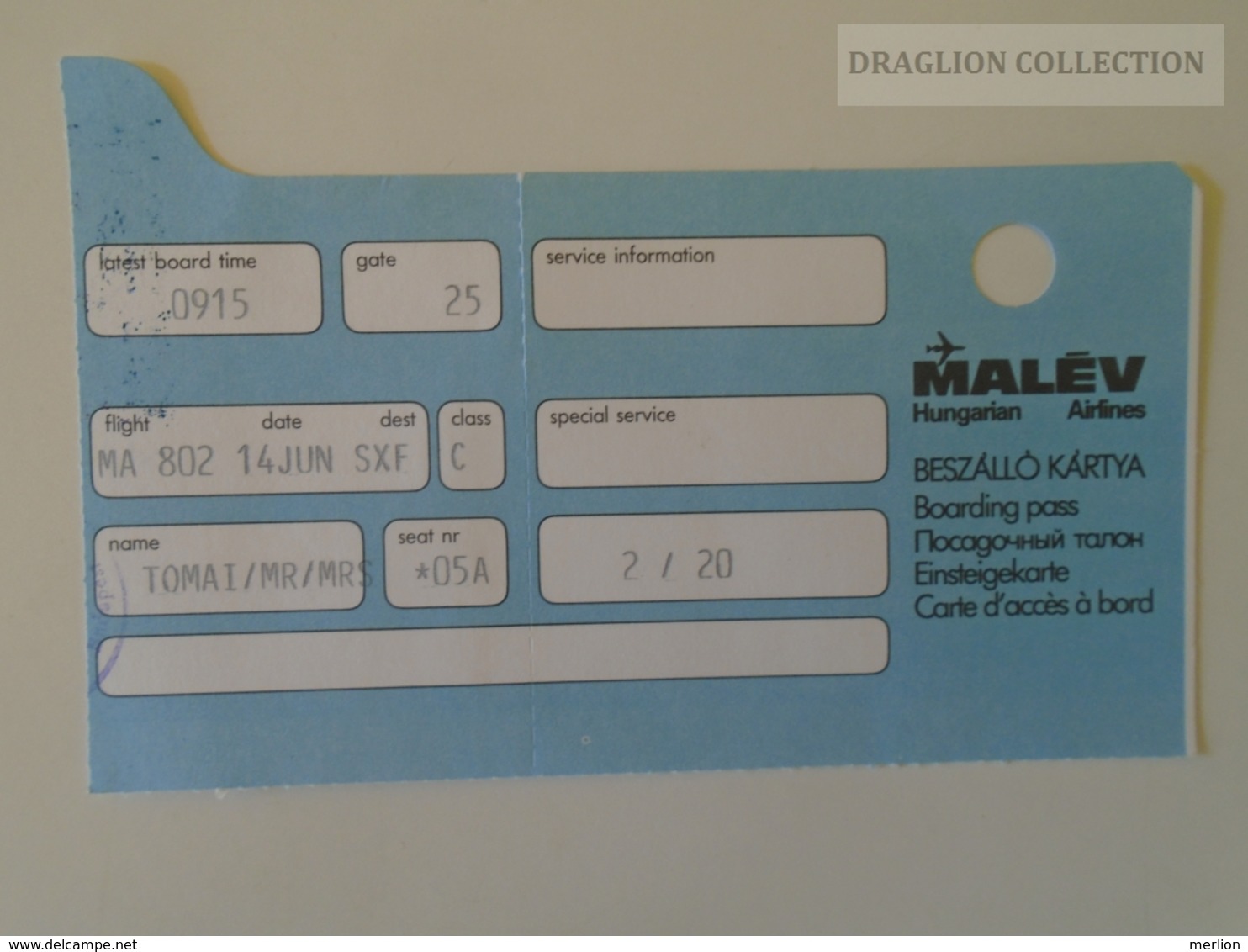 ZA140.14  Hungary MALÉV Hungarian  Airlines  Boarding Pass  Ca 1980's - Carte D'imbarco