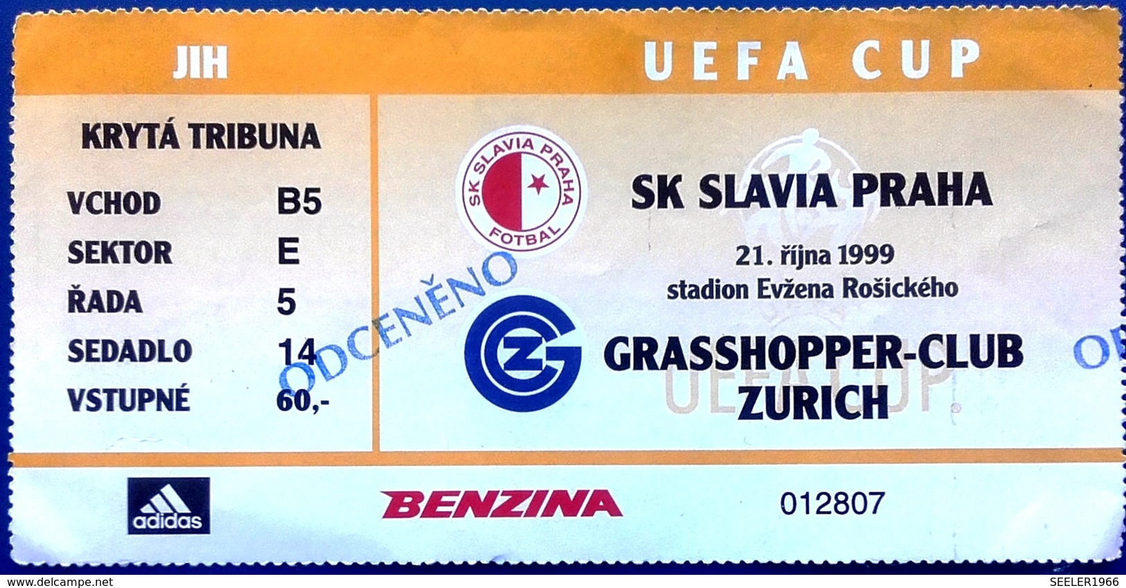 Football Tickets -  S.C. SLAVIA Praha V. GRASSHOPPER - Club, Zurich , 1999 , EURO - CUP. - Match Tickets