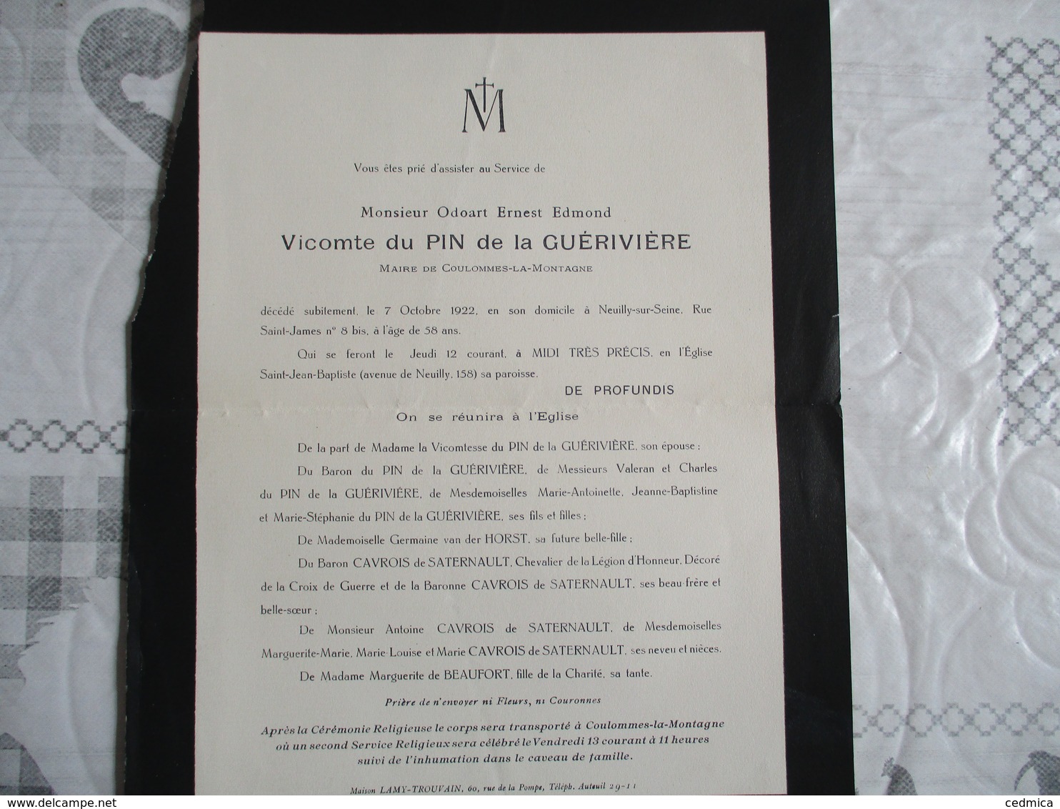 NEUILLY SUR SEINE MONSIEUR ODOART ERNEST EDMOND VICOMTE DU PIN DE LA GUERIVIERE MAIRE DECEDE LE 7 OCTOBRE 1922 A 58 ANS - Overlijden