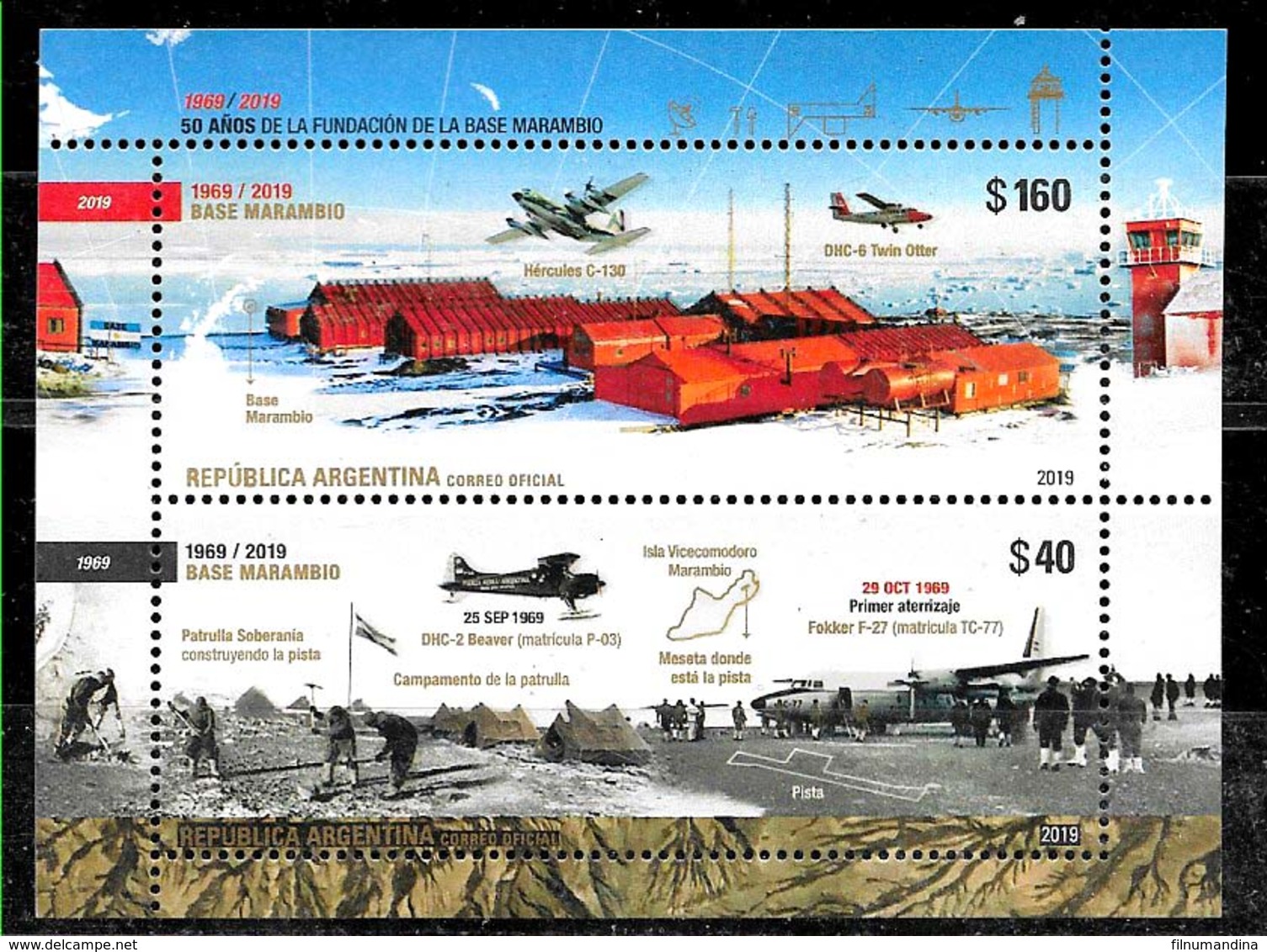 ARGENTINA 2019 ANTARCTIQUE MARAMBIO STATION 50°ANIV,AVIATION,AVIONS UNUSUAL COATING BLOC NEUF - Unused Stamps