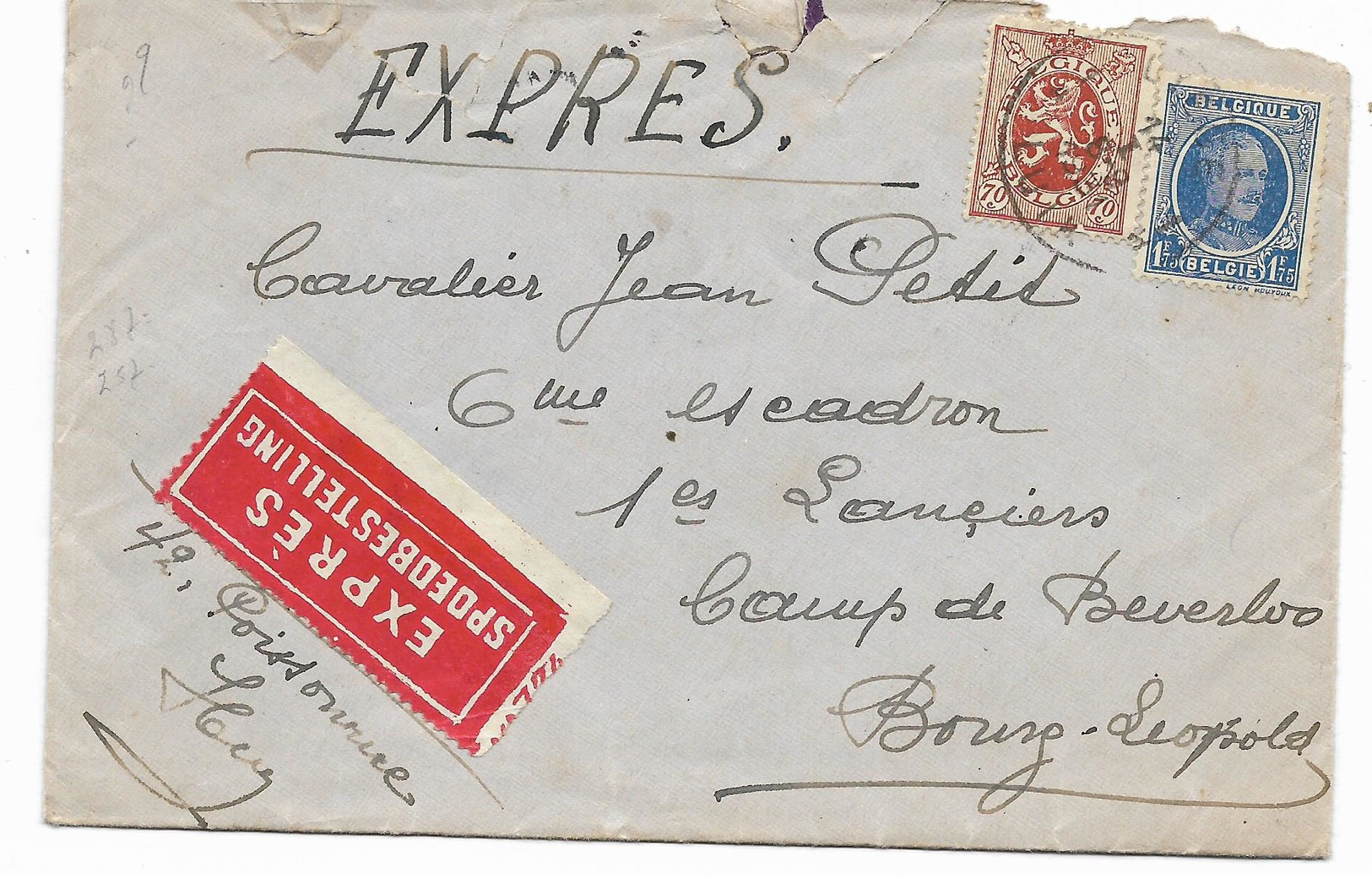 BELGIQUE+ Lettre EXPRES SPOEDBESTELLING - Pour 6° ESCADRON  BOURG LEOPOLD Cachet Convoyeur Au Dos  Voir 2 Scans - Lettres & Documents