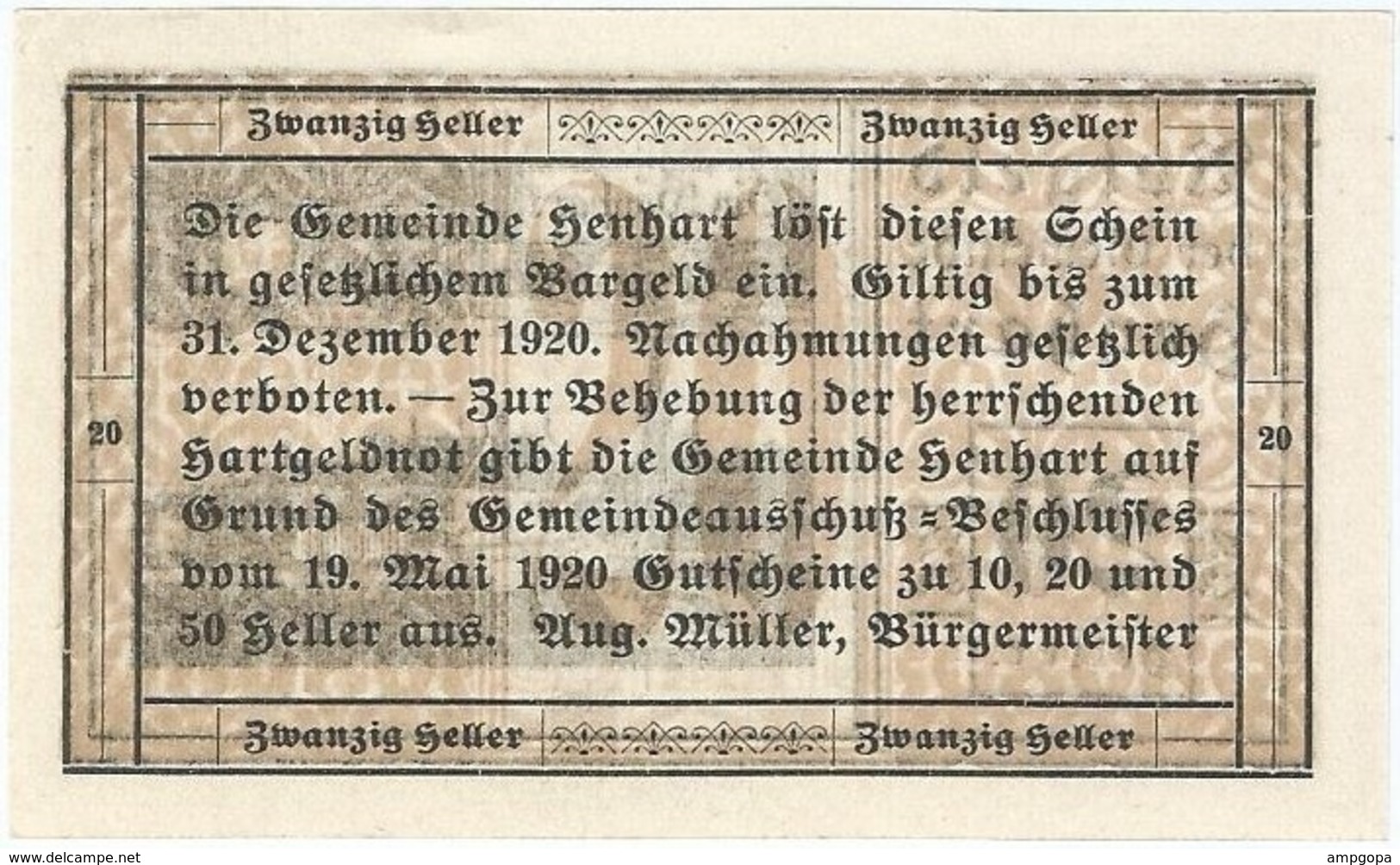 Austria (NOTGELD) 20 Heller 31-12-1920 Henhart UNC Ref 3227-1 - Autriche