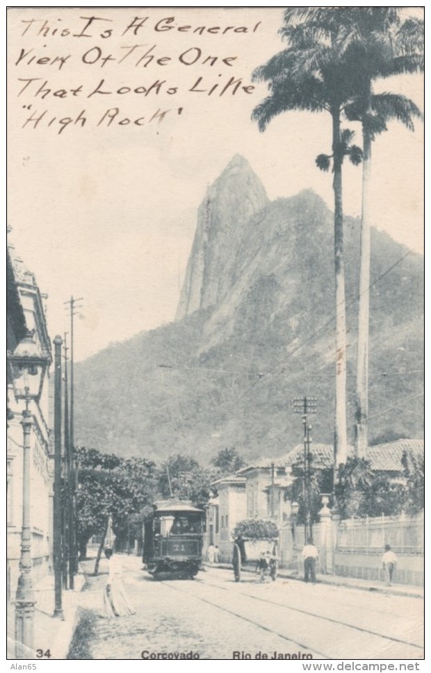 Rio De Janeiro Brazil, Corcovado Street Scene With Street Car, British Mailed At Sea, C1900s Vintage Postcard - Rio De Janeiro
