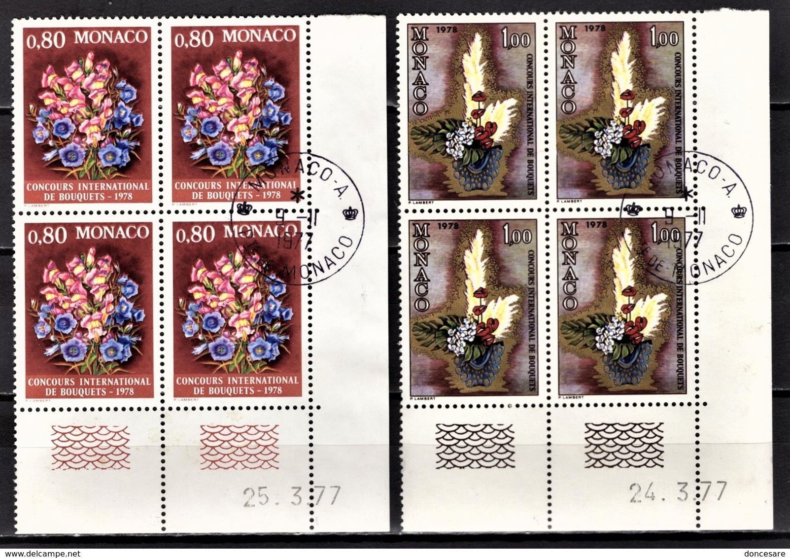 MONACO 1977 - SERIE 2 BLOCS DE 4 TP  N° 1115 Et 1116  - OBLITERES / COINS DE FEUILLES / DATES - Gebruikt