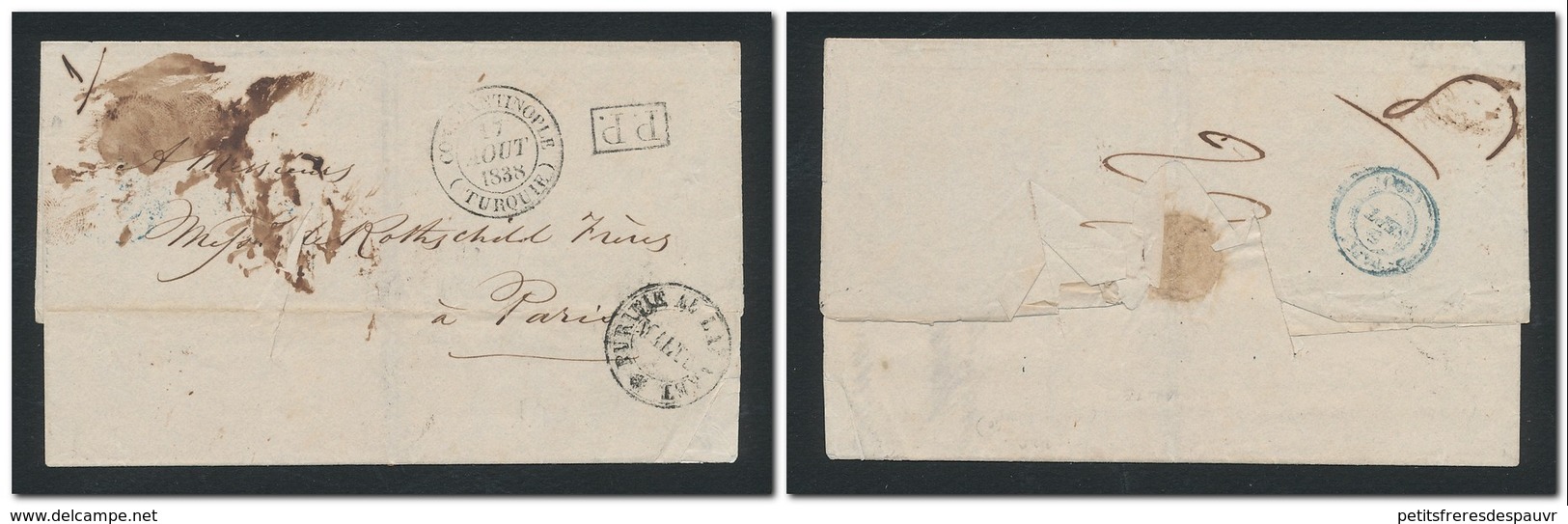 POSTE FRANÇAISE EN TURQUIE (Levant) 1838 Lettre De Purifiée Au Lazaret De Malte Pour Paris PP (sans Texte) - Entry Postmarks