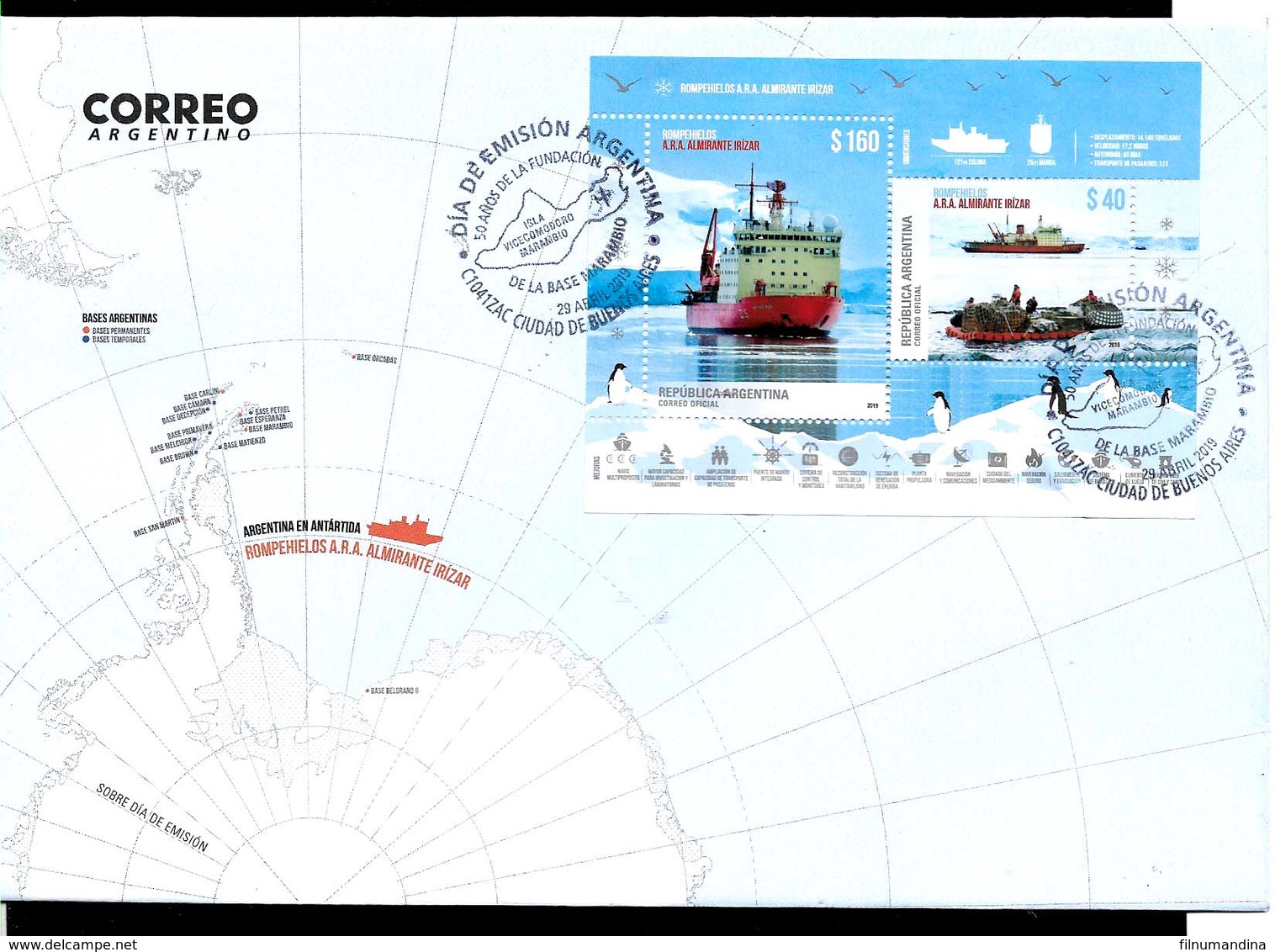 ARGENTINA 2019 ANTARCTIC BRICE-GLACE IRIZAR BATEAUX,FAUNA MANCHOTS UNUSUAL COATING BLOC PREMIER JOUR - FDC