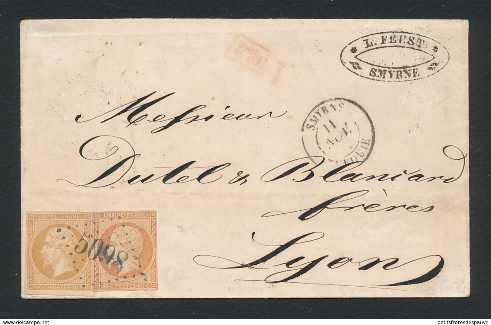 POSTE FRANÇAISE EN TURQUIE (Levant) 1858 2x40c Empire N°YT16 Sur Lettre Sans Texte De SMYRNE GC 5098 Pour Lyon - 1849-1876: Classic Period