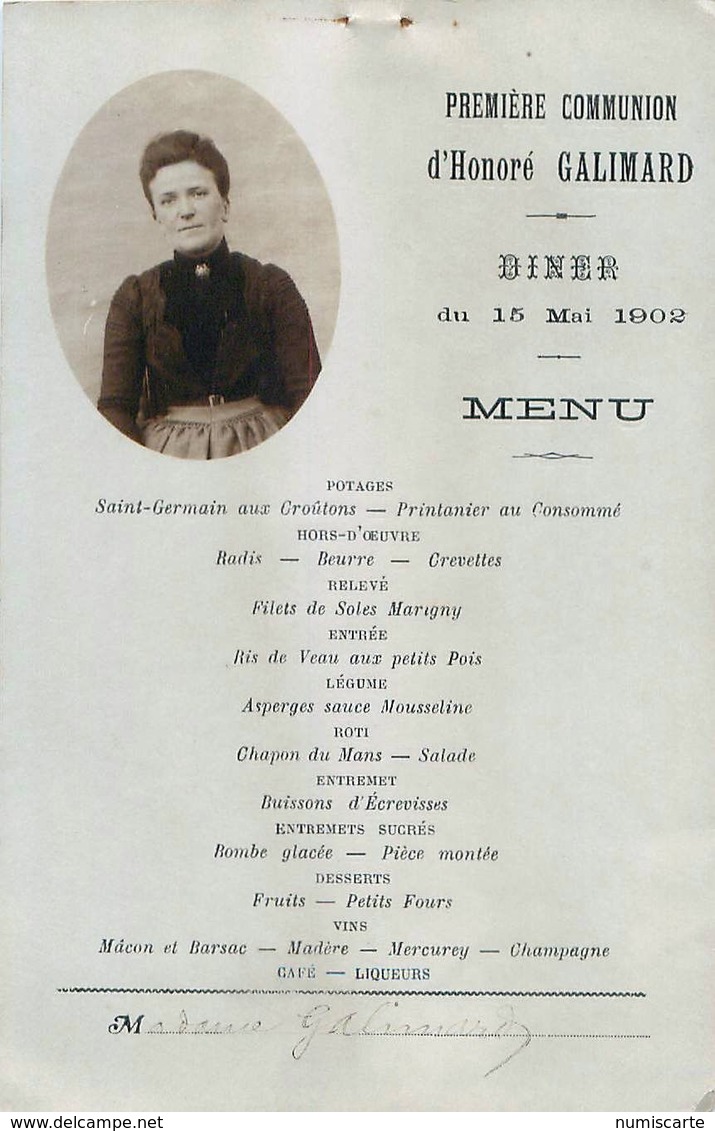 Menu 1ere Communion Honoré GALLIMARD 1902, Photo Mme GALLIMARD  40 Rue Du Midi, VINCENNES 1902 - Menus