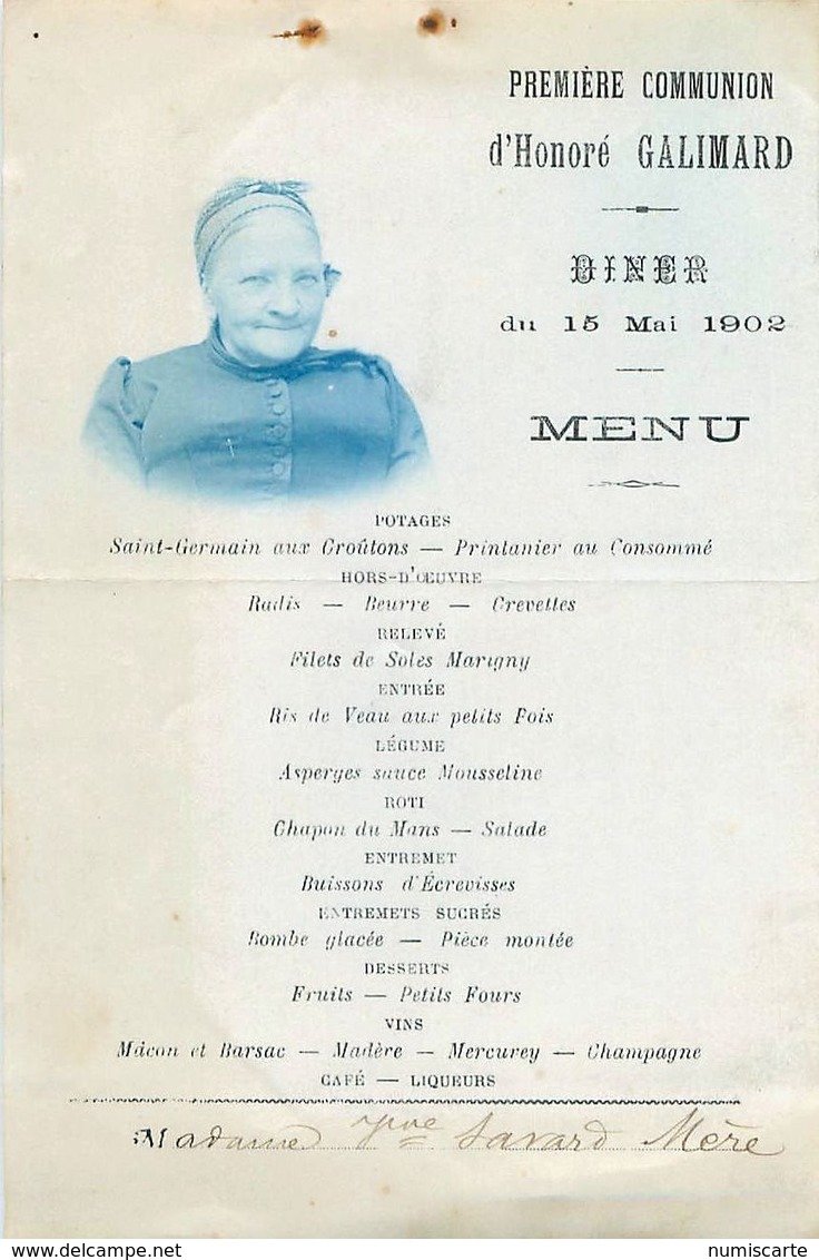 Menu 1ere Communion Honoré GALLIMARD 1902, Photo Mme Veuve SAVARD Mère, VINCENNES 1902 - Menus