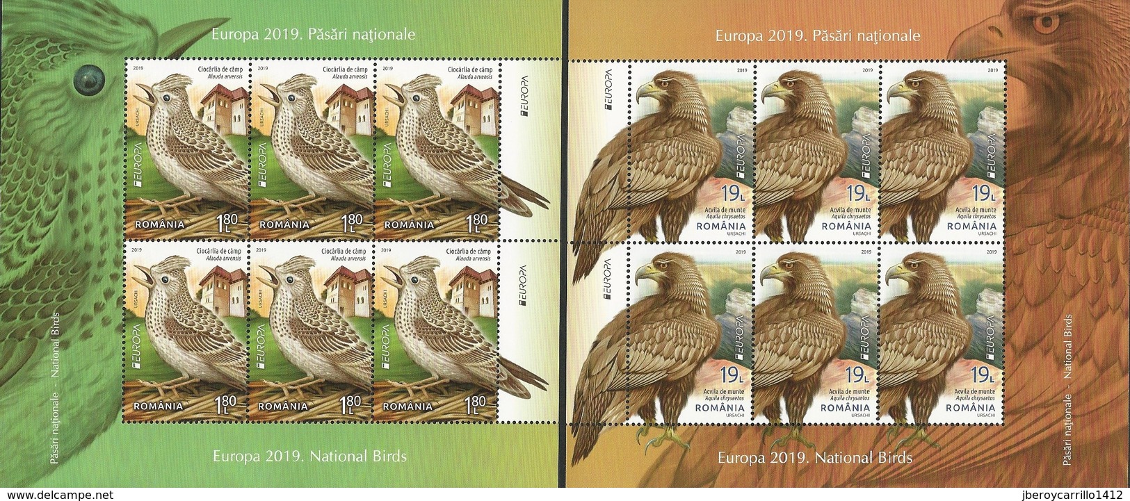 RUMANIA /ROMANIA /RUMÄNIEN -EUROPA 2019 -NATIONAL BIRDS.-"AVES -BIRDS -VÖGEL -OISEAUX"-DOS HOJAS BLOQUE De 6 - 2019