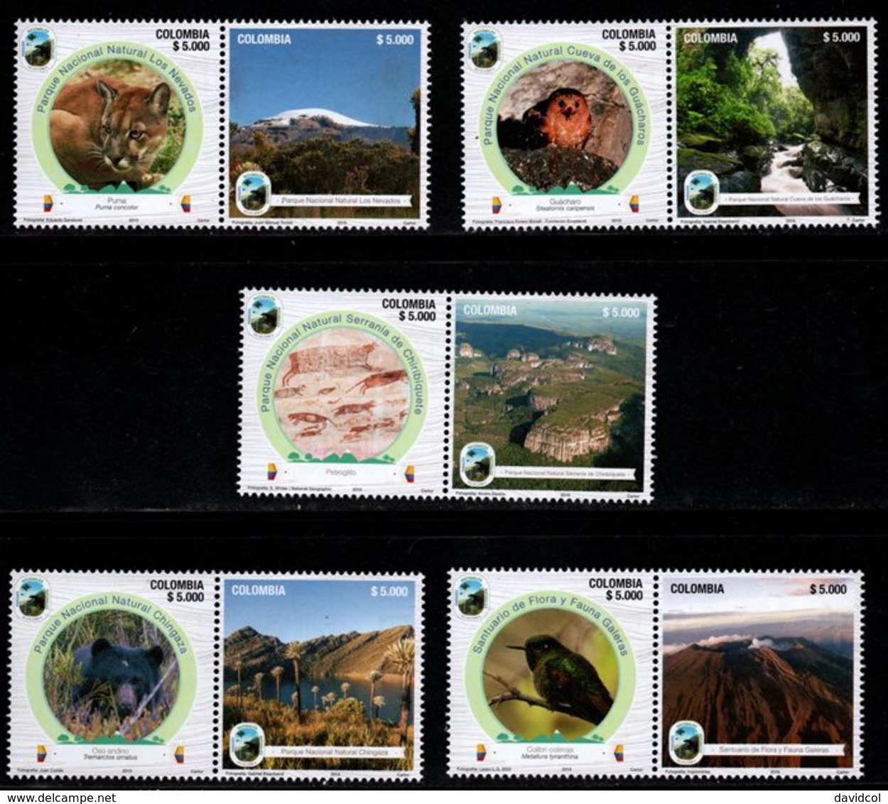 A352. KOLUMBIEN - 2019 - MNH- SET X 10 STAMPS - COLOMBIAN NATIONAL NATURAL PARKS. BEAR. BIRDS, PUMA, ARCHAEOLOGY - Colombia