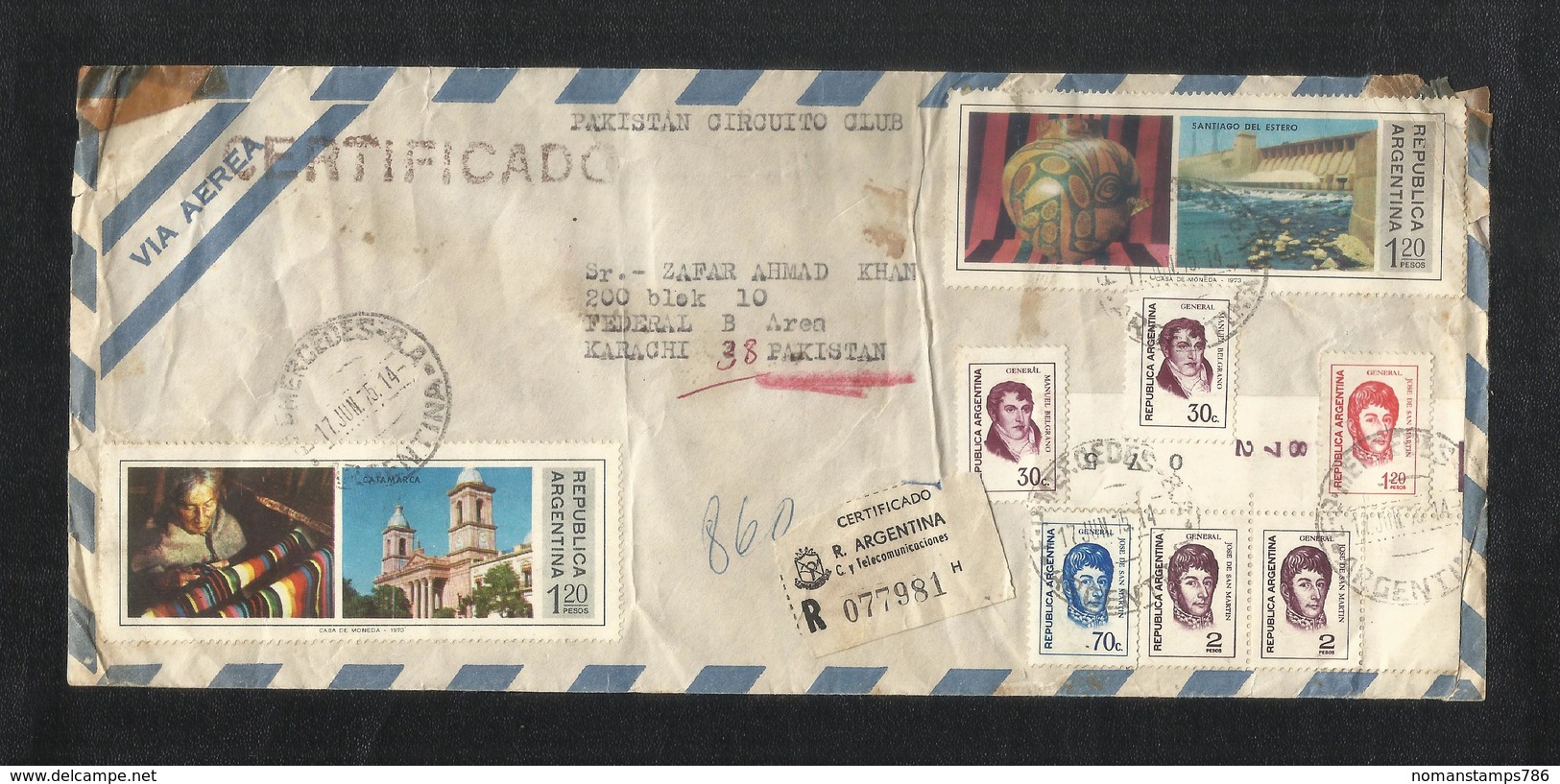 Argentina 1975 Registered Air Mail Postal Used Cover To Pakistan - Covers & Documents