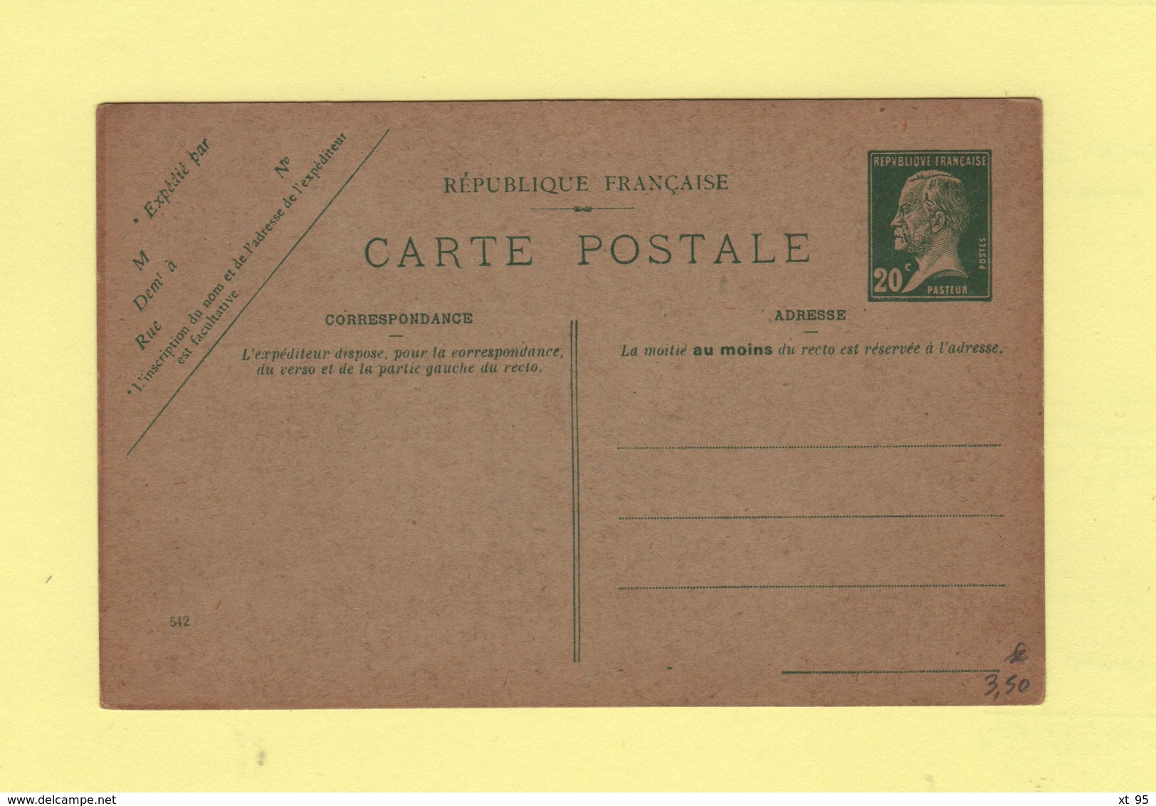 Entier Type Carte Postale - 20c Pasteur - Postales Tipos Y (antes De 1995)