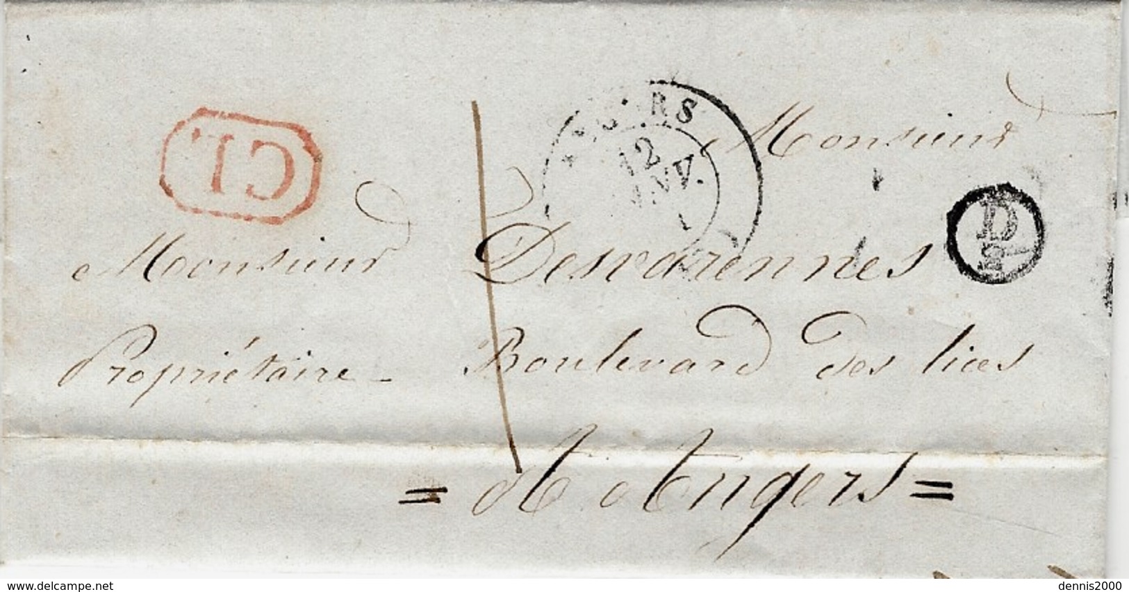 1841- Lettre D'ANGERS ( Maine Et Loir ) Cad T15 + C L Rouge + D /2 Boite Rurale De La Membrelle  Taxe 1 D Pour Angers - 1801-1848: Précurseurs XIX