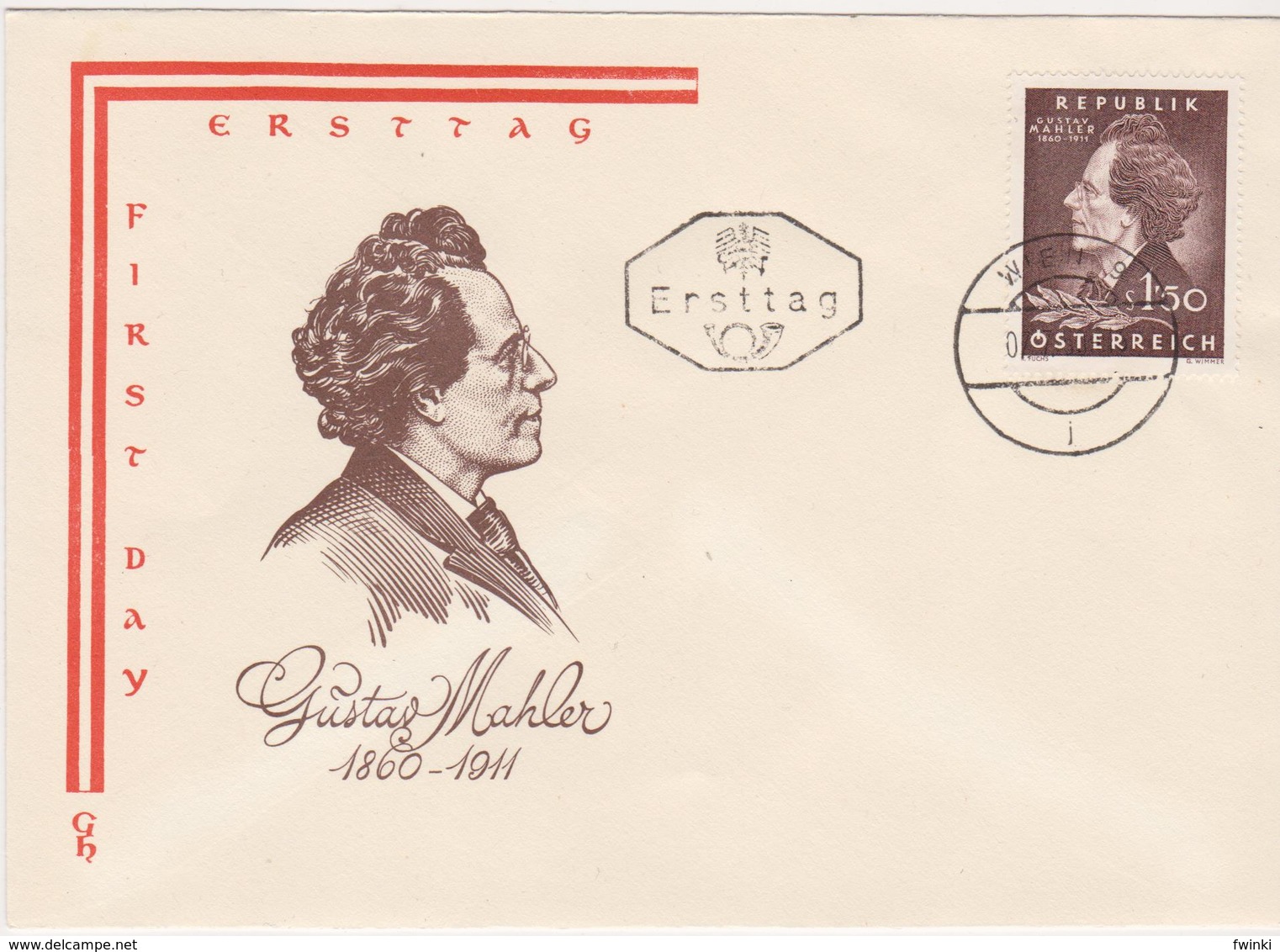 FDC 1960 - Mi 1078 (1) : 100. Geburtstag Von Gustav Mahler , ST Wien 9 - Briefe U. Dokumente