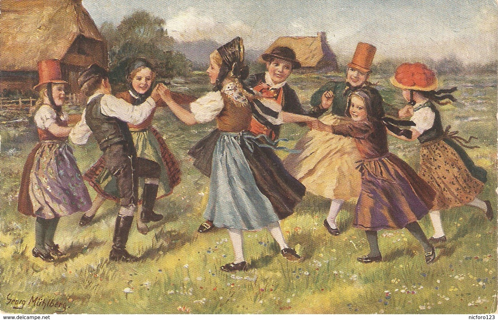"People Dancing. Ringelreihen" Nice Antique German Postcard. Artist Drawn - Bailes