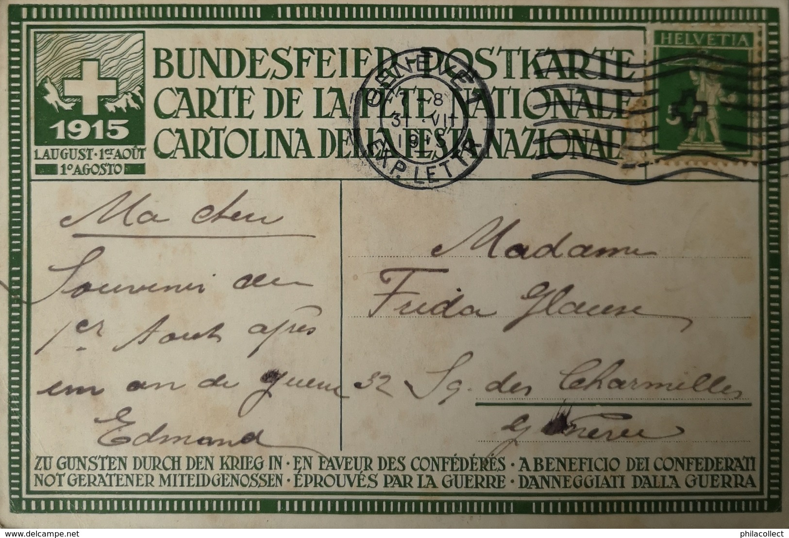 Suisse Bundesfeier Postkarte 1915 - Andere & Zonder Classificatie