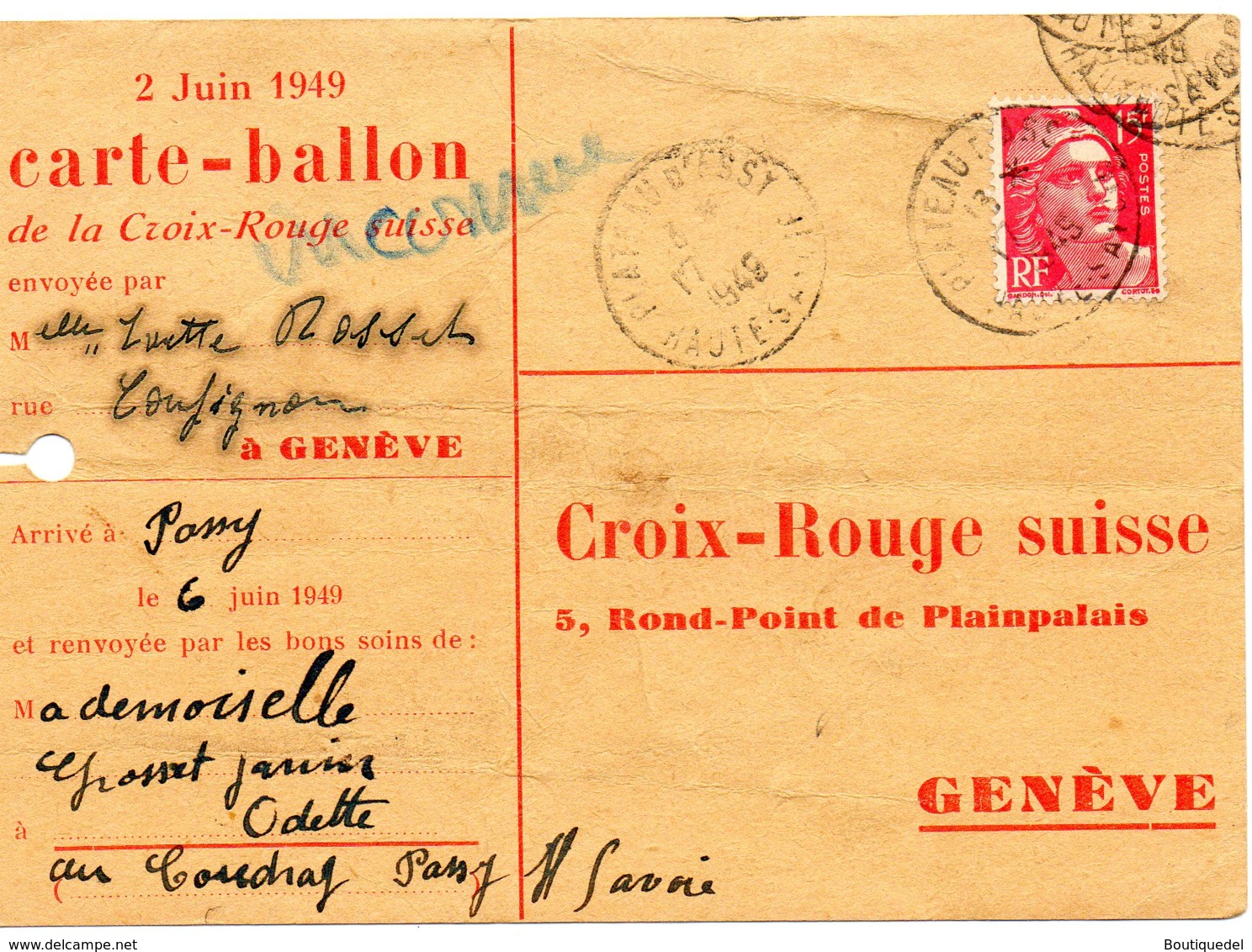 FRANCE.1949.CARTE-BALLON Pour La SUISSE." CROIX-ROUGE". - Fesselballons