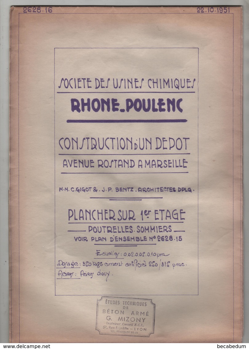Rhône Poulenc Construction Dépôt Marseille Béton Armé Mizony Lyon 1951 - Autres Plans
