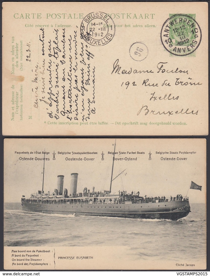 ENTIER 5c VERT OSTENDE-DOUVRES PAQUEBOT "PRINCESSE ELISABETH" VOYAGE (DD) DC-2898 - Cartes Paquebot