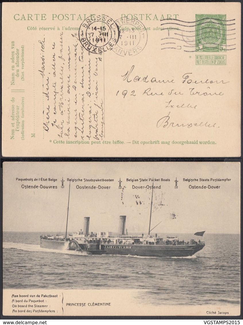 ENTIER 5c VERT OSTENDE-DOUVRES PAQUEBOT "PRINCESSE CLEMENTINE" VOYAGE (DD) DC-2899 - Liner Cards