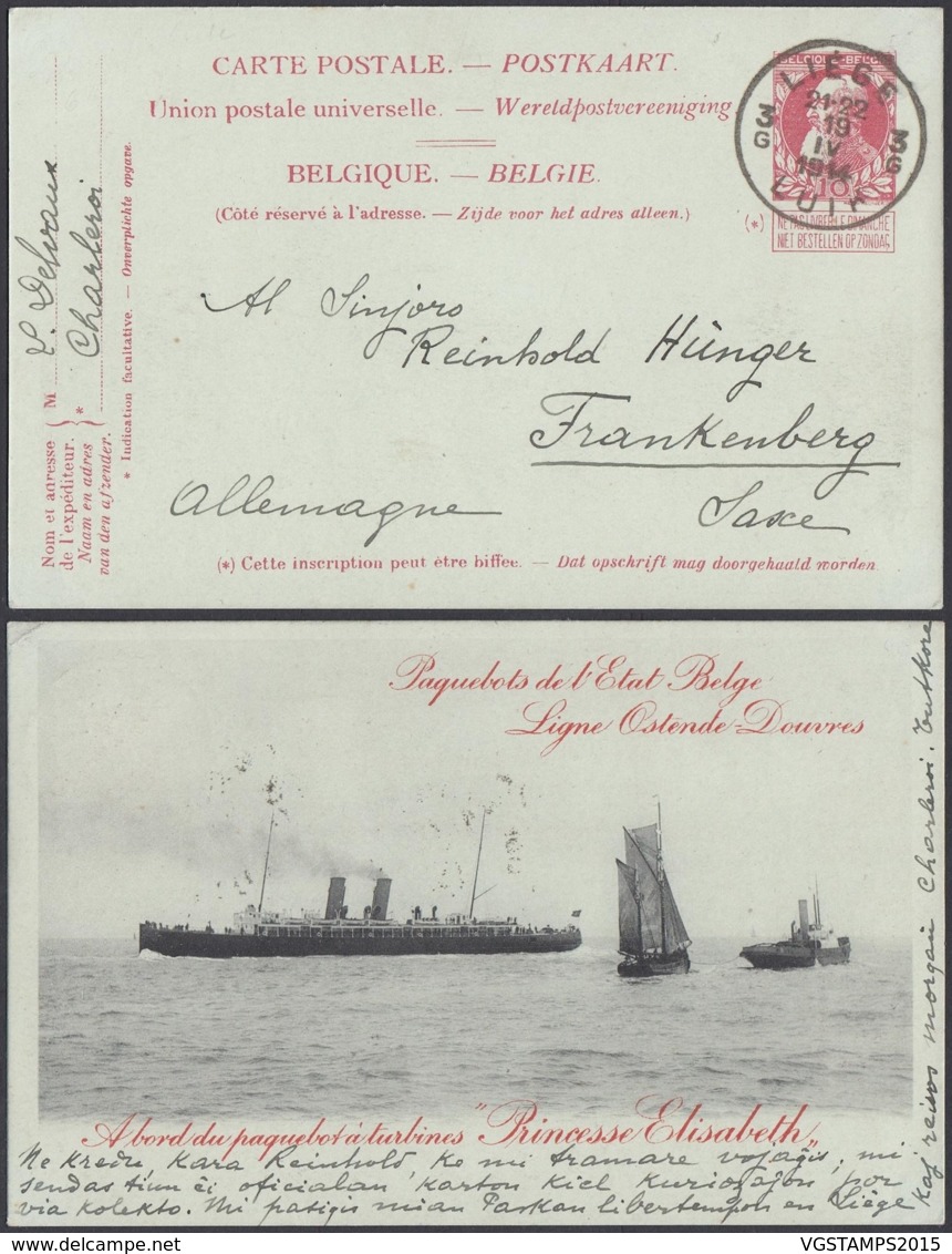 ENTIER 10C ROUGE OSTENDE-DOUVRES PAQUEBOT "PRINCESSE ELISABETH " VOYAGE (DD) DC-2909 - Liner Cards