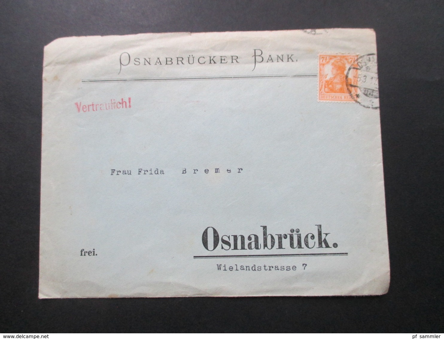 DR Germania 1917 Nr. 99 EF Ortsbrief Osnabrücker Bank Mit Rücks. Vignette Osnabrück. Vertraulich - Briefe U. Dokumente