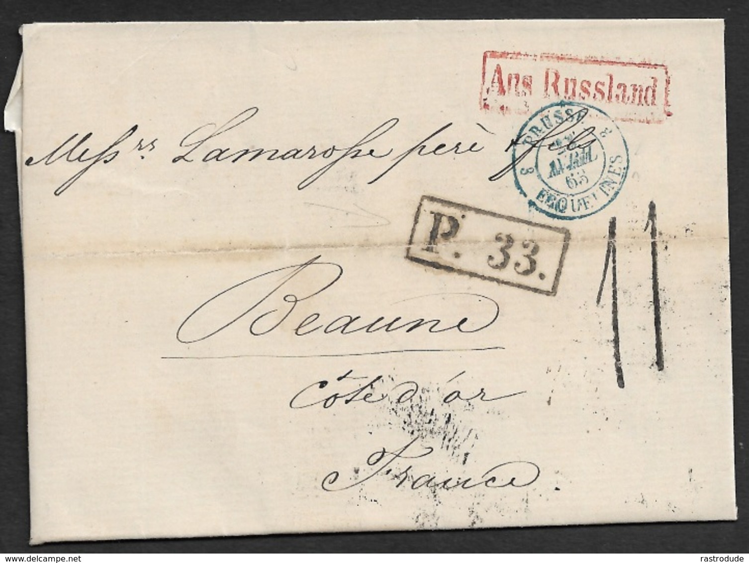 1863 - LAC - ST. PETERSBOURG A BEAUNE - AUS RUSSLAND - Entrée PRUSSE ERQUETINES - P.33 Taxe 11 - Plusiers Cachet Transit - 1849-1876: Klassik