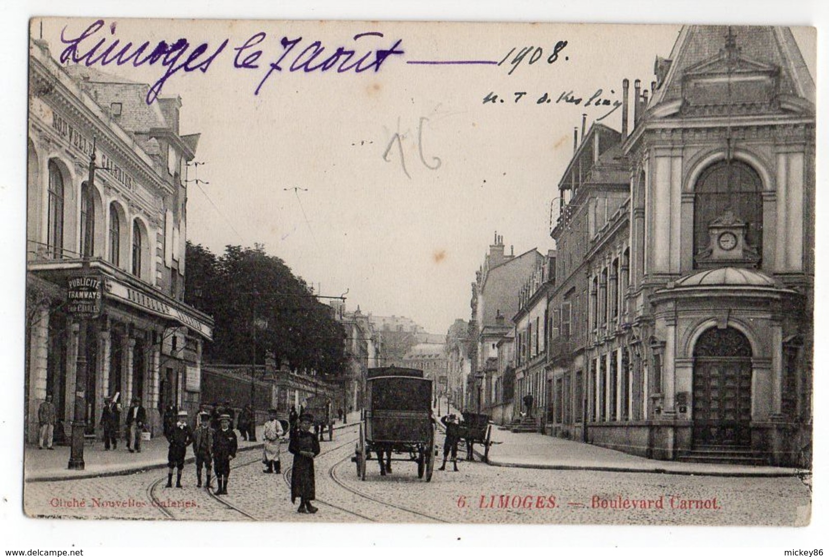 LIMOGES -- 1908 --Boulevard Carnot  ( Animée ,attelage ,magasin Nouvelles Galeries à Gauche... ).... à Saisir - Limoges