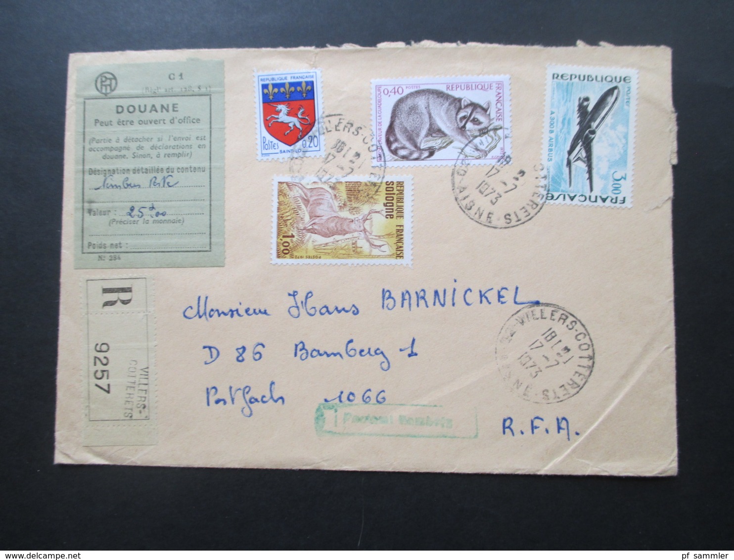 Frankreich 1973 Einschreiben / R-Brief R-Zettel Gestempelt Villers - Cotterets Mit Zollaufkleber Douane Nach Bamberg - Lettres & Documents