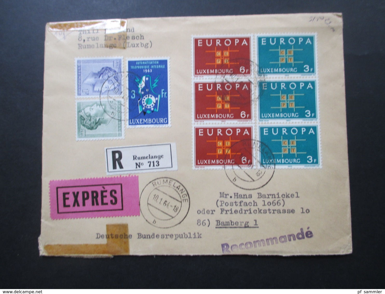 Luxemburg 1963 / 64 Einschreiben / Express Rumelange No 713 Recommande Europa Marken MiF Viele Stempel - Storia Postale