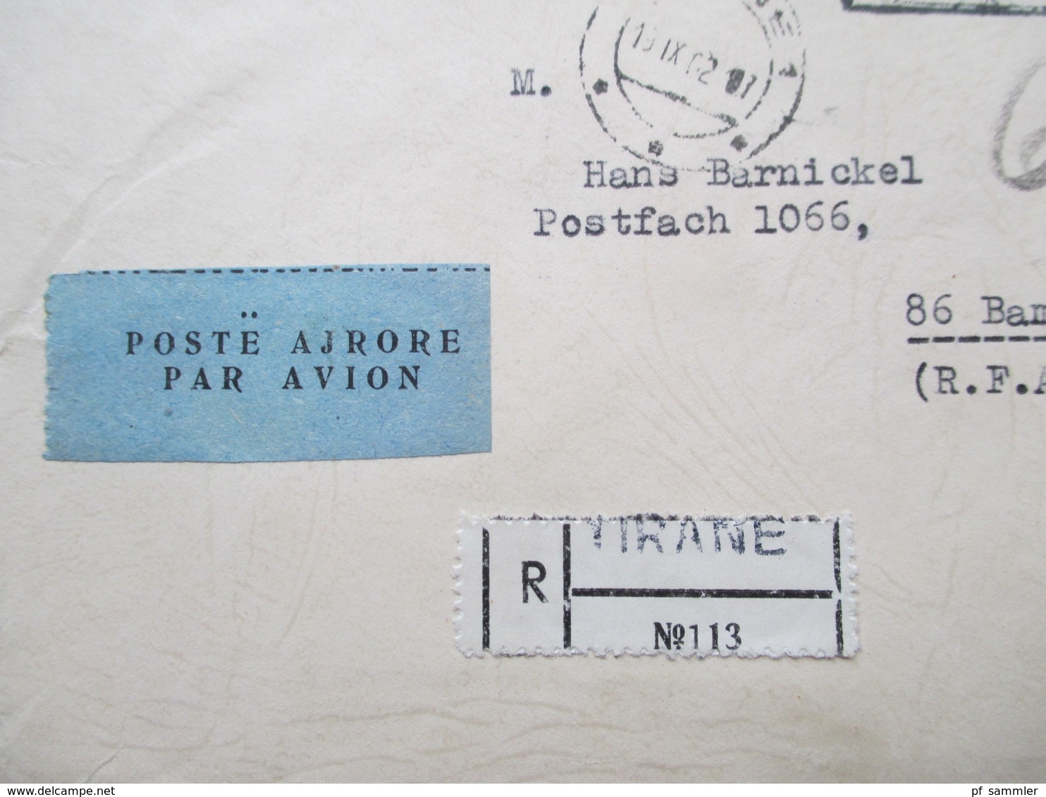 Albanien 1962 Stempel Taxe Percue / Exportal Tirana Albania Luftpost Einschreiben / Par Avion R-Zettel Tirane No 113 - Albanien