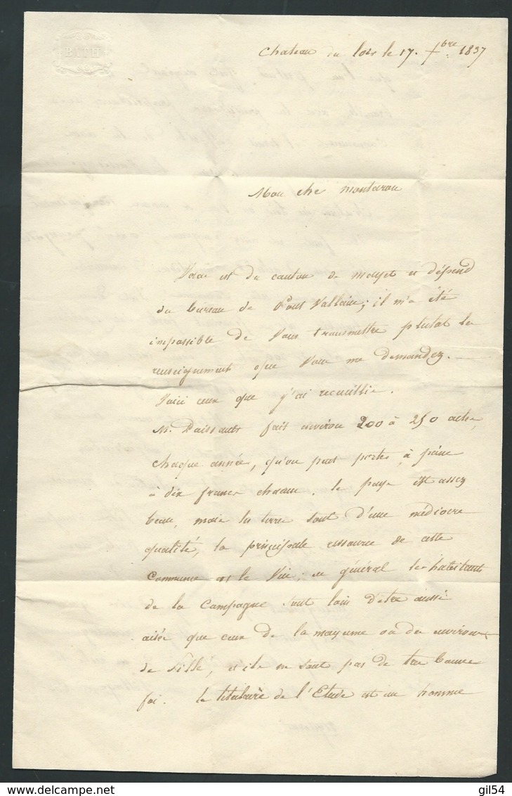 Lac , Cad Chateau Du Loir ( Mal Venu ) Dept 1837 Pour Saint Martin De Connée ( Mayenne) , Taxe 1 Décime Rural  RAA2509 - 1801-1848: Precursors XIX