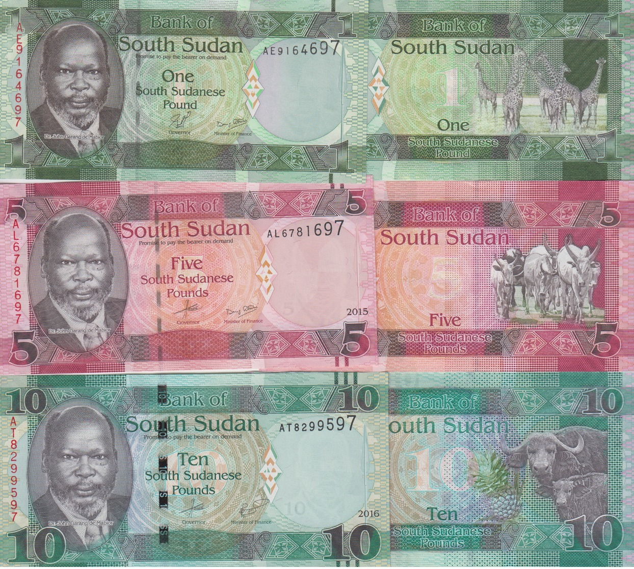 SOUTH SUDAN Set 1 5 10 Pounds (2011) 2015 2016  P 5 11a 12b UNC - Zuid-Soedan