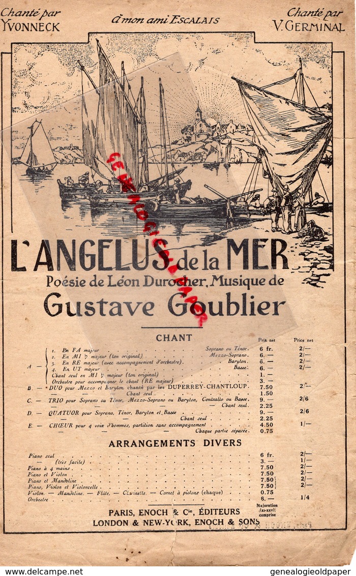 L' ANGELUS DE LA MER - POESIE LEON DUROCHER-GUSTAVE GOUBLIER- V. GERMINAL-YVONNECK-PARIS LONDON NEW YORK  ENOCH - Partituren