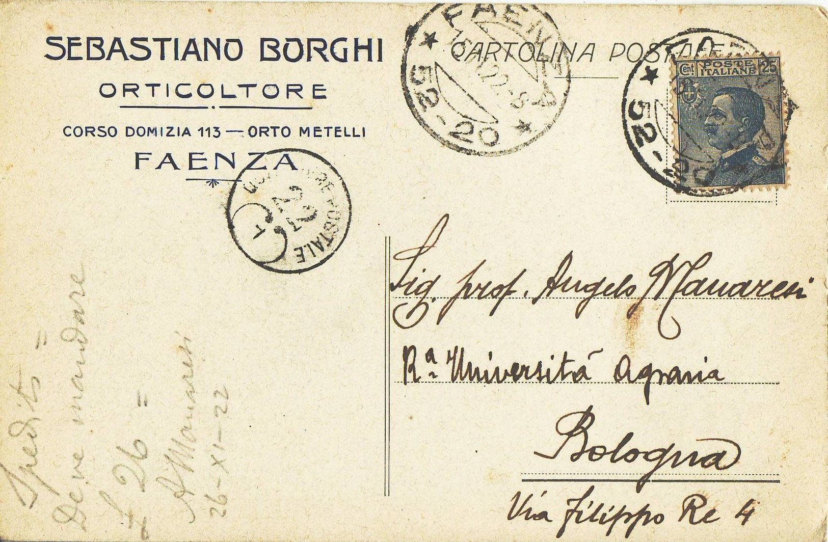 1221 RAVENNA FAENZA BORGHI ORTICOLTORE - Storia Postale