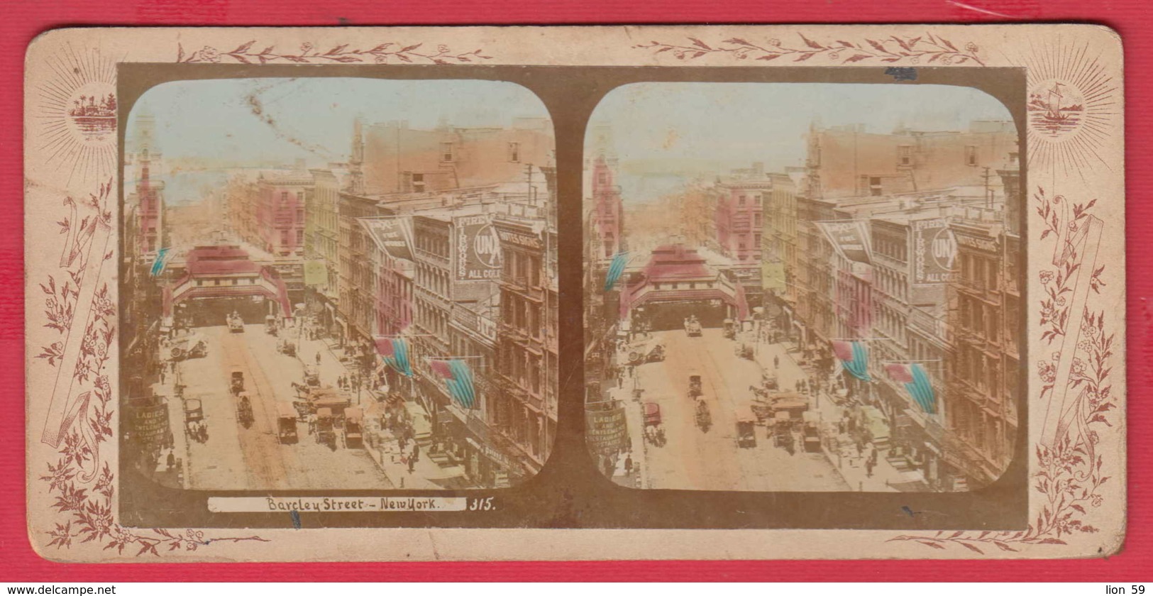 240894 / Stereoscope Card - COLOR , Barclay Street, New York , HOTEL SIGNS , RAILWAY , HORSE CAR , United States USA - Cartes Stéréoscopiques