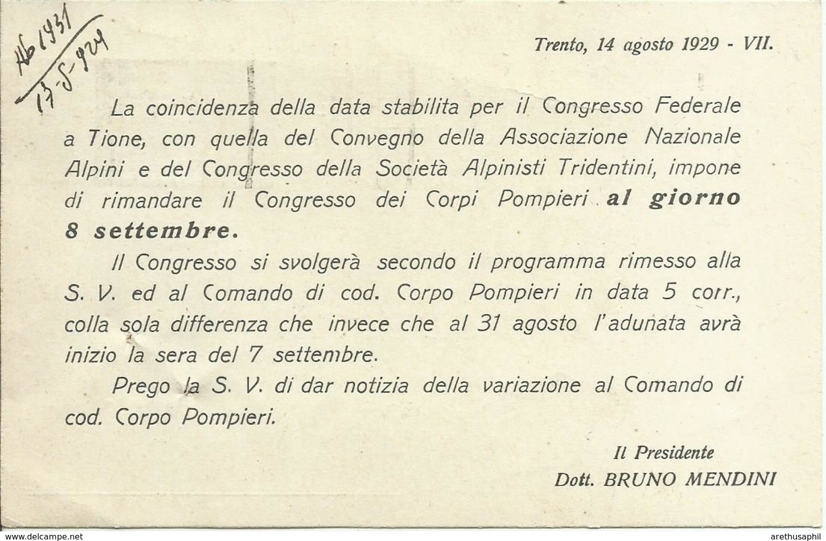 CP443-Cartolina Pubblicitaria Federazione Corpi Dei Pompieri - Trento - Storia Postale