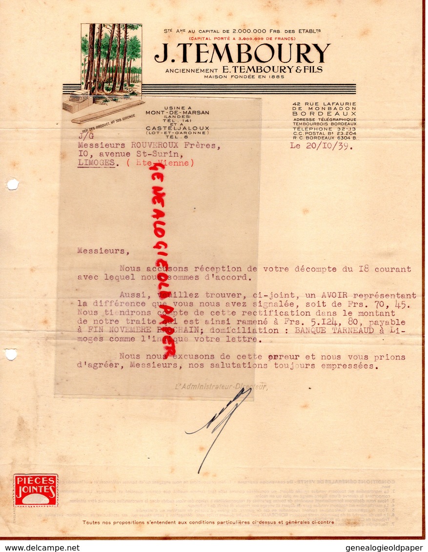 40- MONT DE MARSAN-47- CASTELJALOUX-33-BORDEAUX- RARE LETTRE J. TEMBOURY 1939 SCIERIE FORET - Straßenhandel Und Kleingewerbe