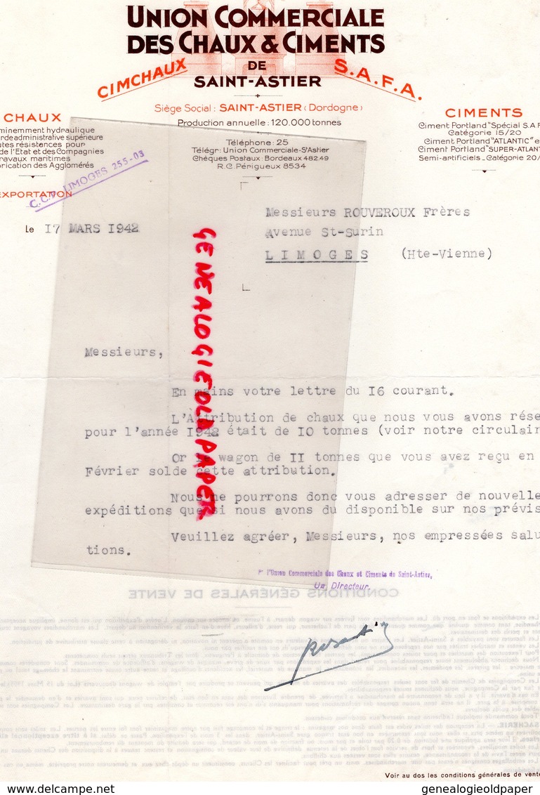 24- ST ASTIER-  SAINT ASTIER - LETTRE UNION COMMERCIALE DES CHAUX DE ST ASTIER- CIMENT-PORTLAND- 1942  DORDOGNE - Artigianato