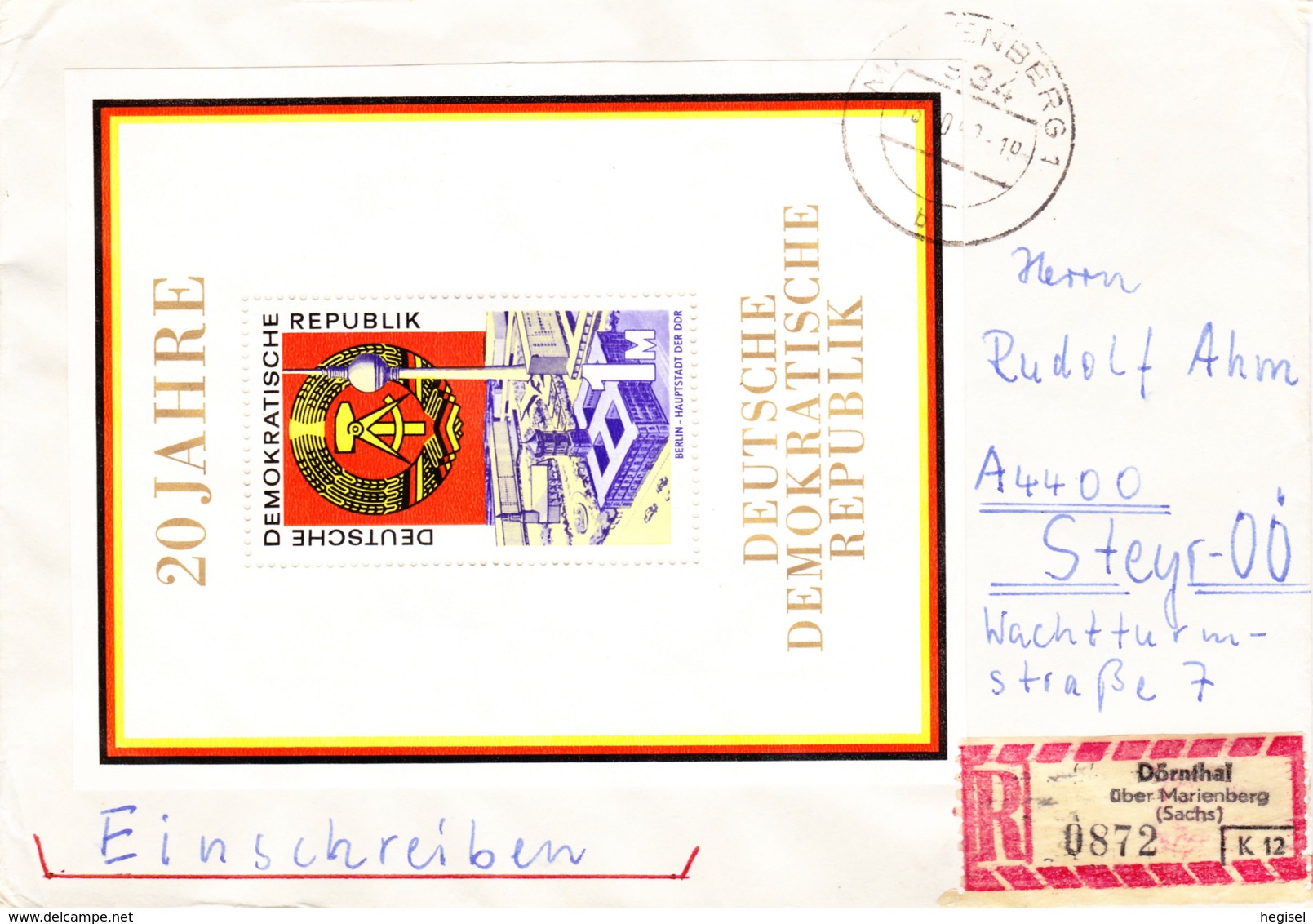 1969, DDR, "20. Gründungstag Der DDR", 1. Blockausgabe, REC, Echt Gelaufen - Privatumschläge - Gebraucht