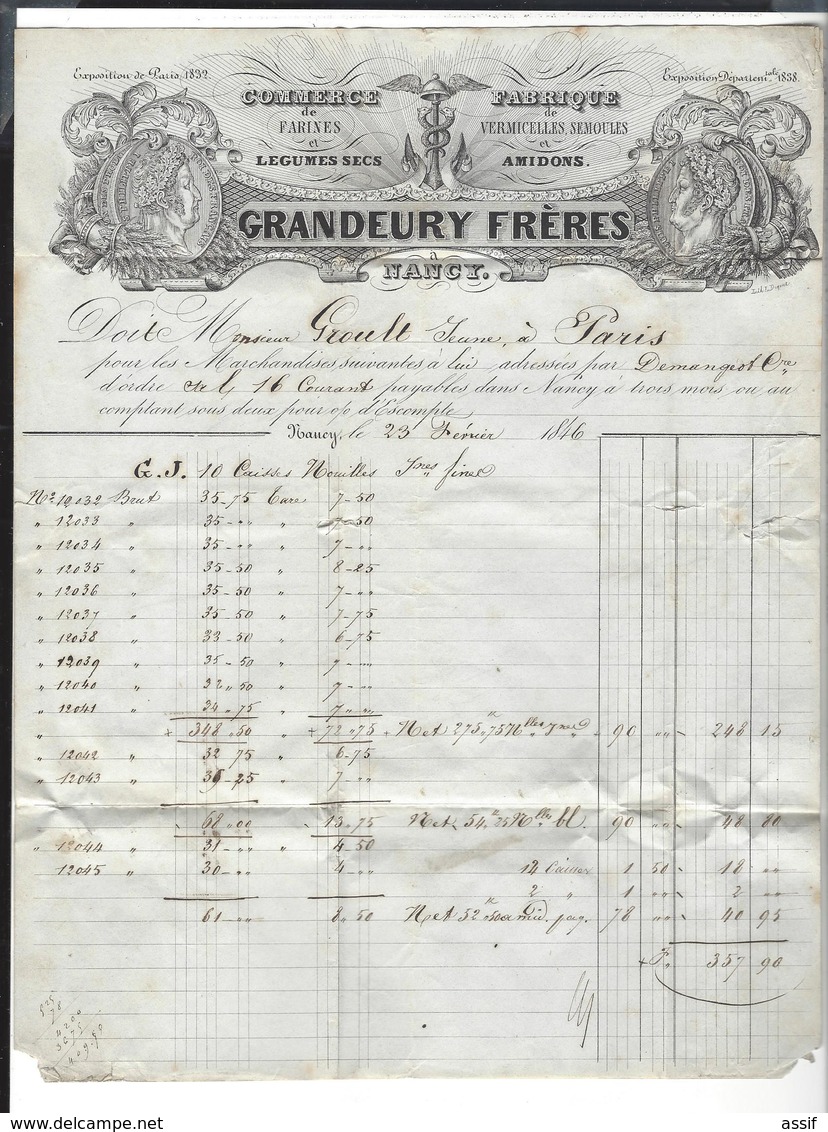 NANCY  Facture  Grandeury Frères Lettre 1846 Pour Paris Taxe 12 Cachet Arrivée Bleu ( Louis Philippe Commerce Fabrique ) - 1800 – 1899