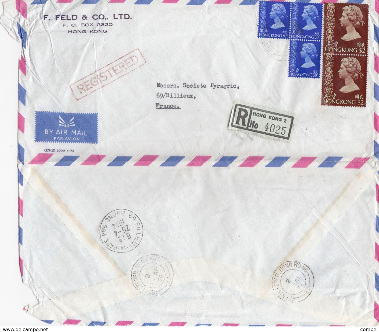 COVER CHINA. HONG KONG REGISTERED COVER TO FRANCE. 4$ 90c.  FELD  / 2 - Lettres & Documents