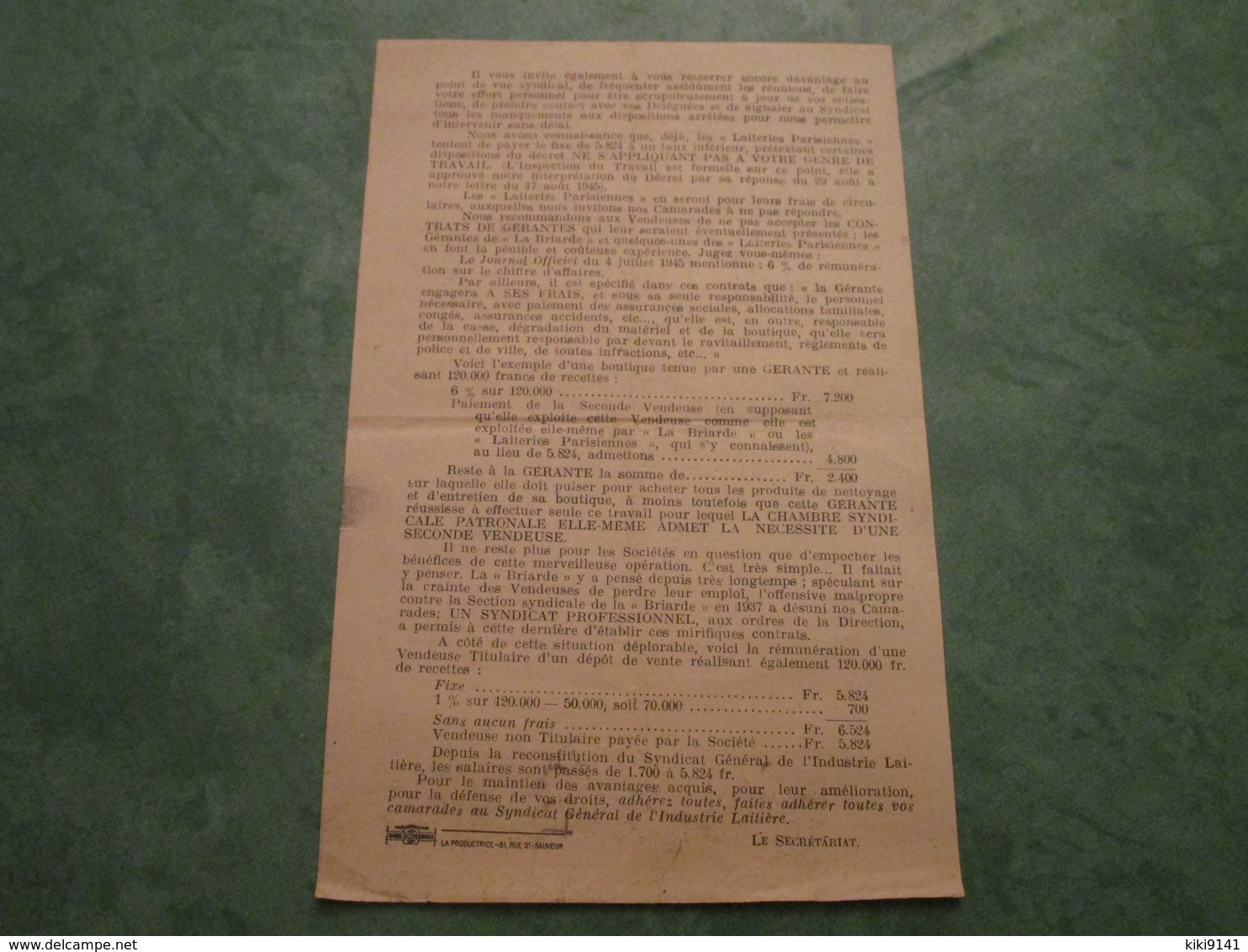 C.G.T. - Syndicat Général De L'Industrie Laitière De La Région Parisienne - Informations à Nos Camarades Vendeuses - Labor Unions