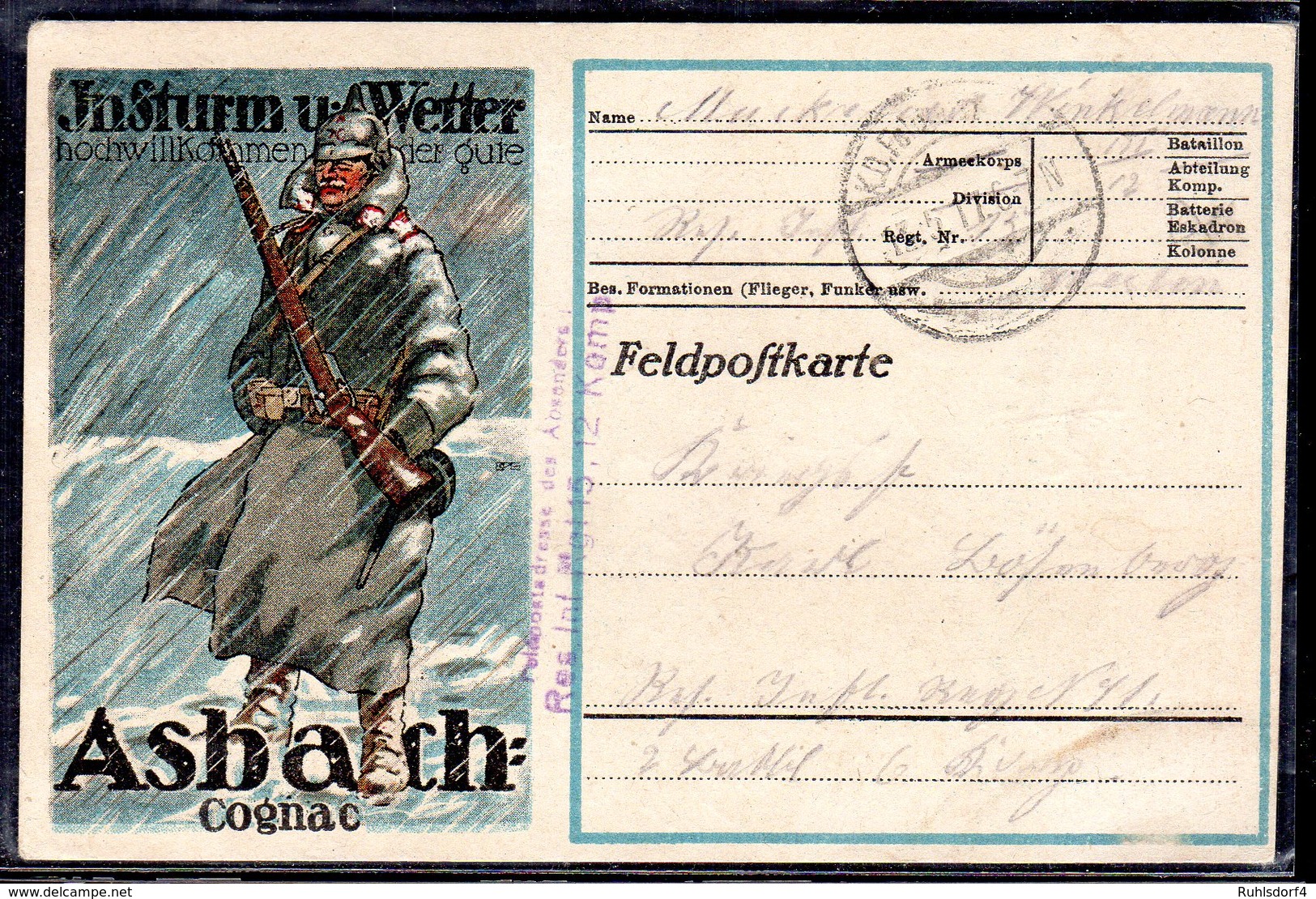 Feldpostkarte, Mit Werbung "Asbach Cognac" - Briefe U. Dokumente