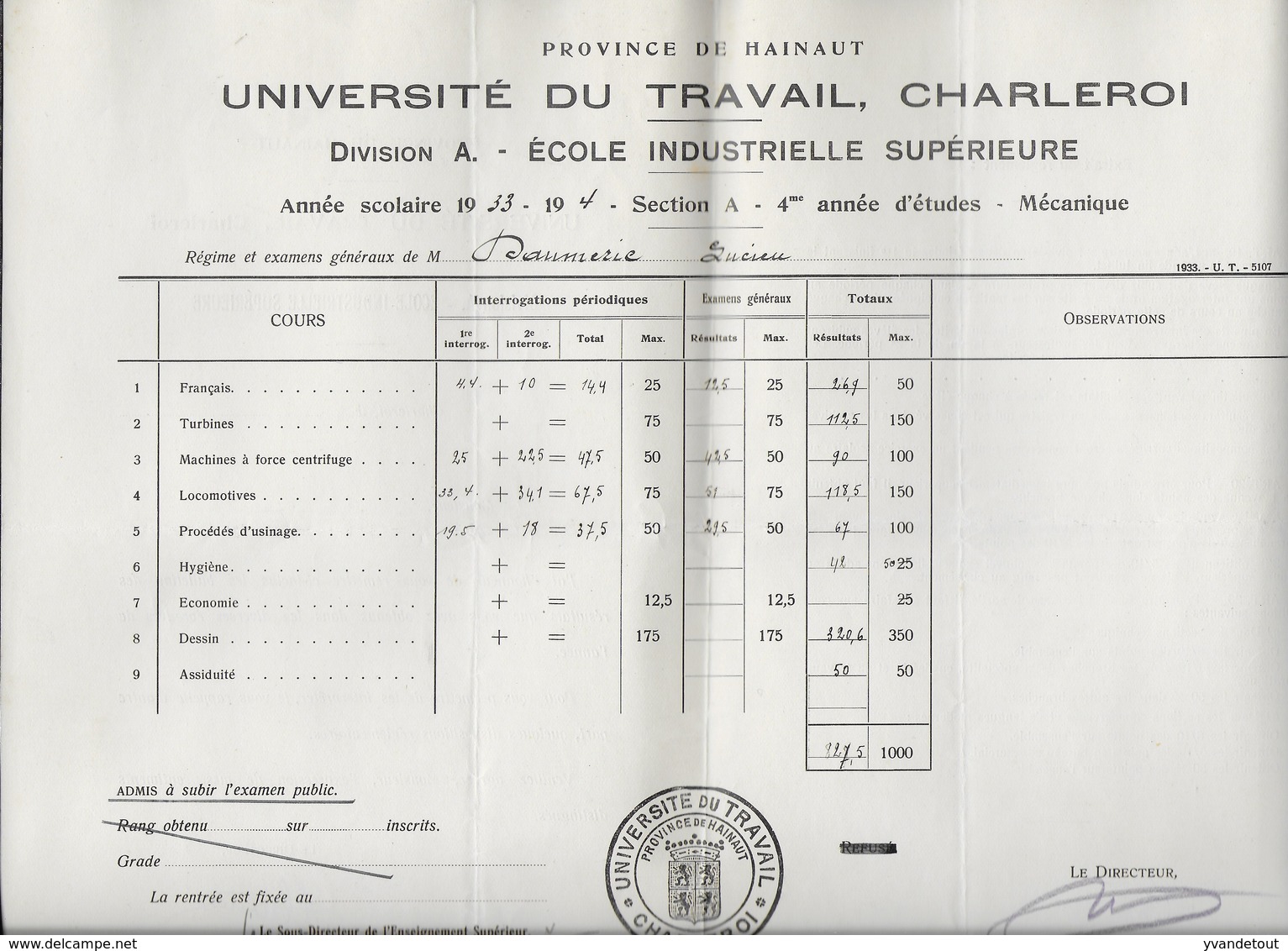 Université Du Travail Charleroi Hainaut 1934 Ecole Industrielle Supérieure - Diplômes & Bulletins Scolaires